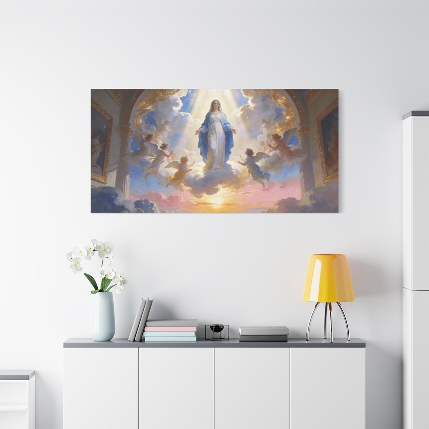 Virgin Mary Canvas Wall Art - Heavenly Religious Painting With Angels, Blue And Gold Clouds - Matte Cotton Canvas Print - Traditional Sacred Style For Bedroom Living Room Decor - Office Wall Art