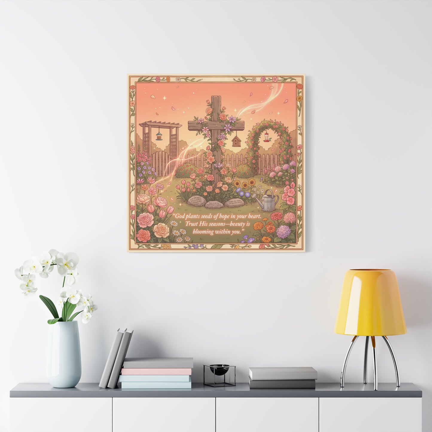 "God Plants Seeds Of Hope In Your Heart" Christian Canvas Wall Art - Floral Cross Garden Scripture Print, Matte Cotton Decor - Inspirational Bedroom Home Decoration, Living Room Accent - Ready to Hang