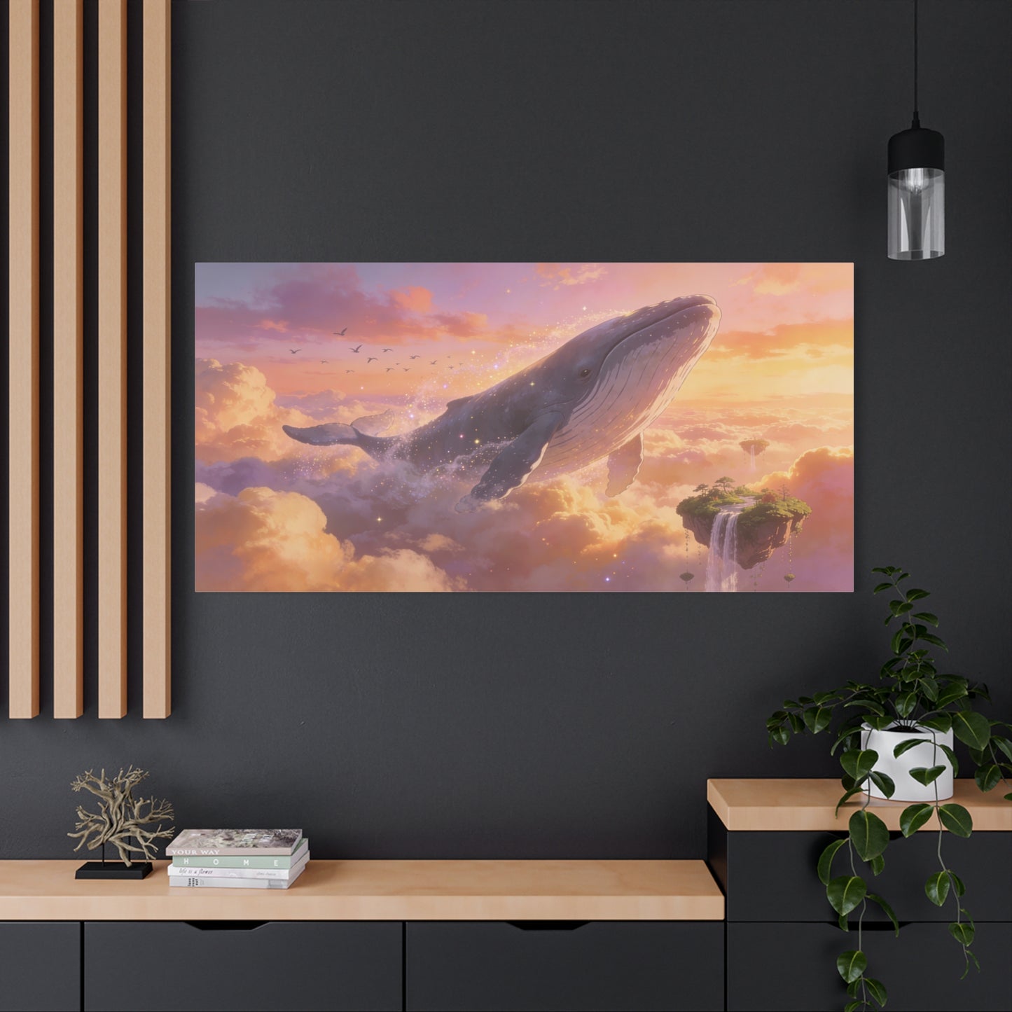 Fantasy Whale Canvas Wall Art - Dreamlike Sky Ocean Scene, Floating Island Waterfall - Matte Cotton Art Print - Surreal Contemporary Style - Living Room Wall Decor Bedroom Accent - Ready to Hang