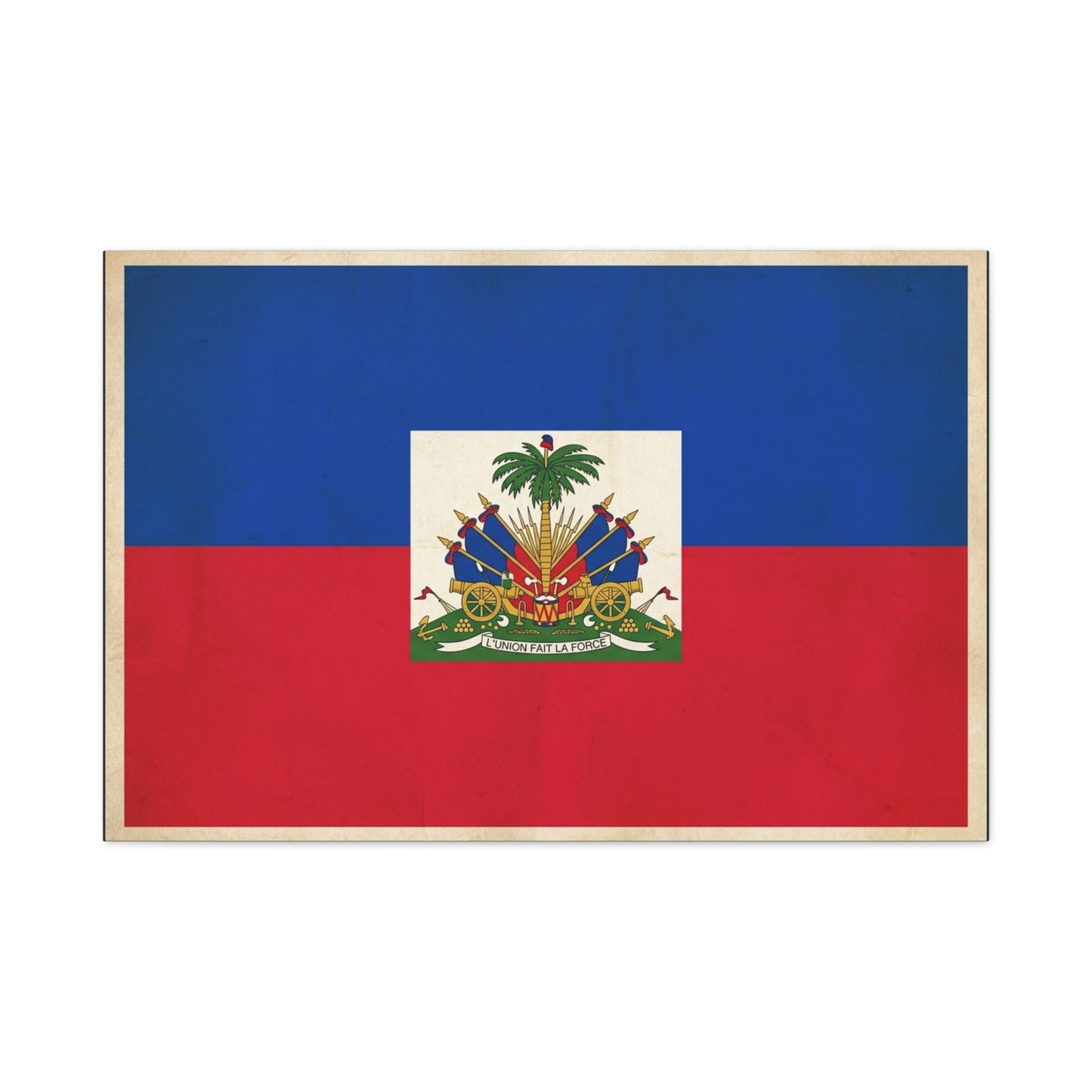 Haiti Flag Canvas Wall Art - Haitian Flag Print With Coat Of Arms, Patriotic Blue Red Banner - Framed Look Matte Canvas - Living Room Wall Decor, Bedroom Home Decoration - Bedroom Home Decoration