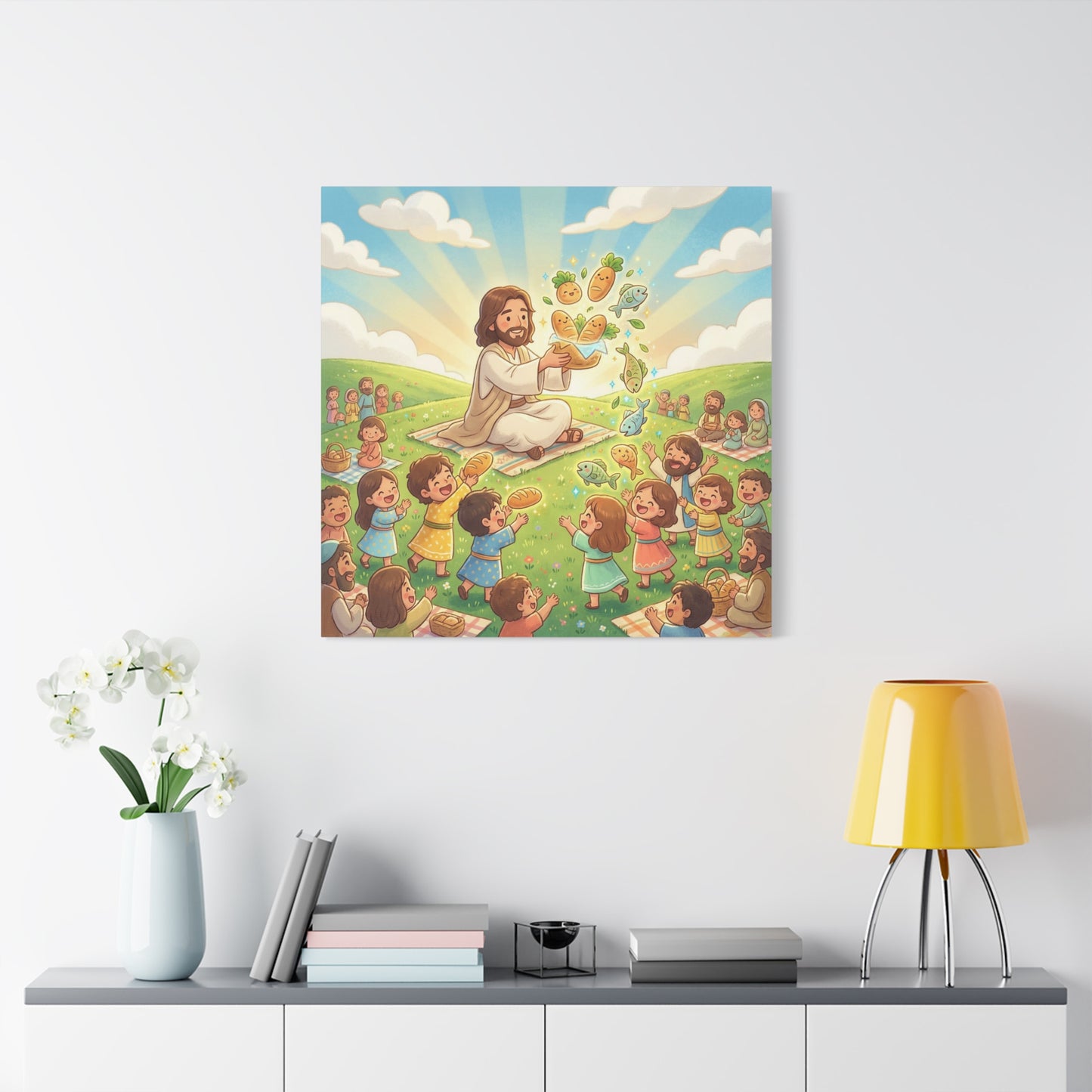 Jesus Feeding Multitude Canvas Wall Art - Loaves And Fish Bible Scene, Christian Nursery Decor - Matte Cotton Print, Kids Room Wall Decor, Sunday School Classroom - Bedroom Home Decoration