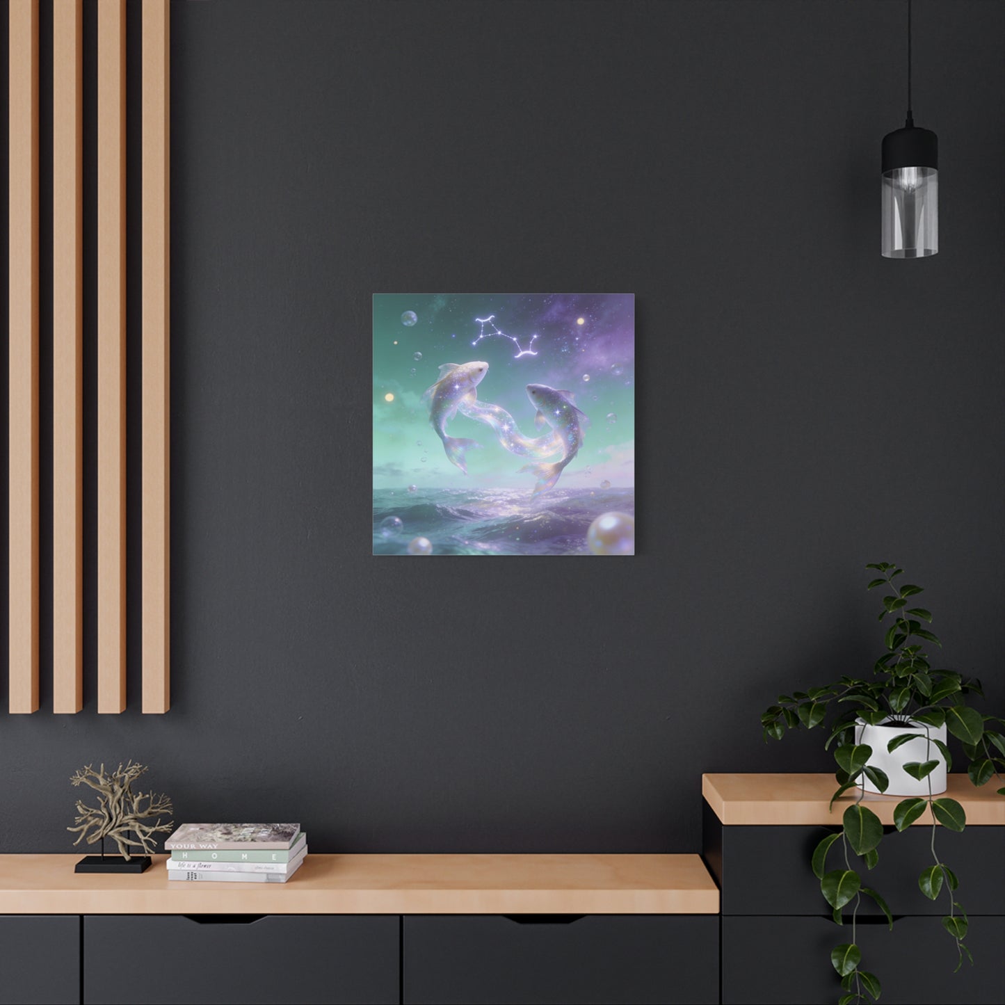Pisces Fish Canvas Wall Art - Celestial Ocean Zodiac Illustration, Dreamy Aurora Nightscape, Matte Cotton Print, Mystical Bedroom Accent, Meditation Space Piece, Office Interior Style - Ready to Hang