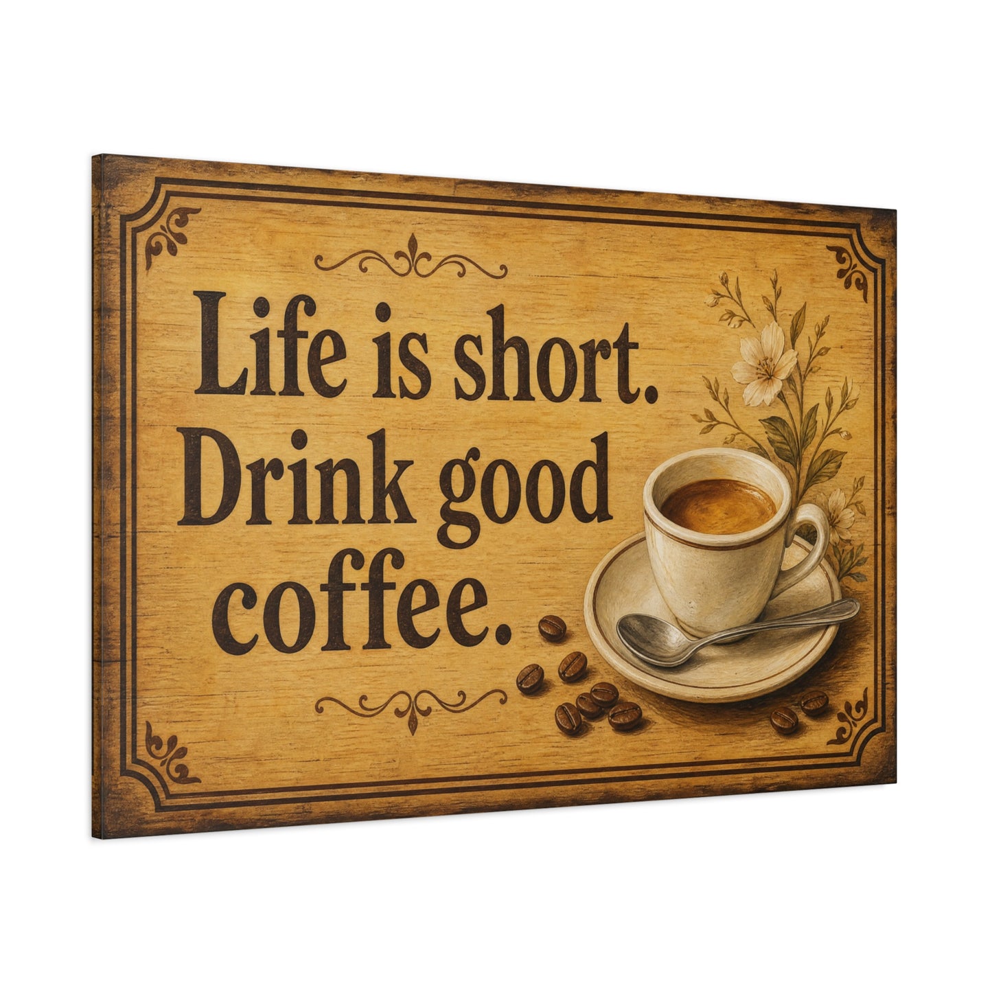 "Life Is Short. Drink Good Coffee." Coffee Canvas Wall Art - Vintage Kitchen Quote Print, Rustic Farmhouse Style, Espresso Cup Wall Decor, Dining Room Home Decoration - Bedroom Home Decoration