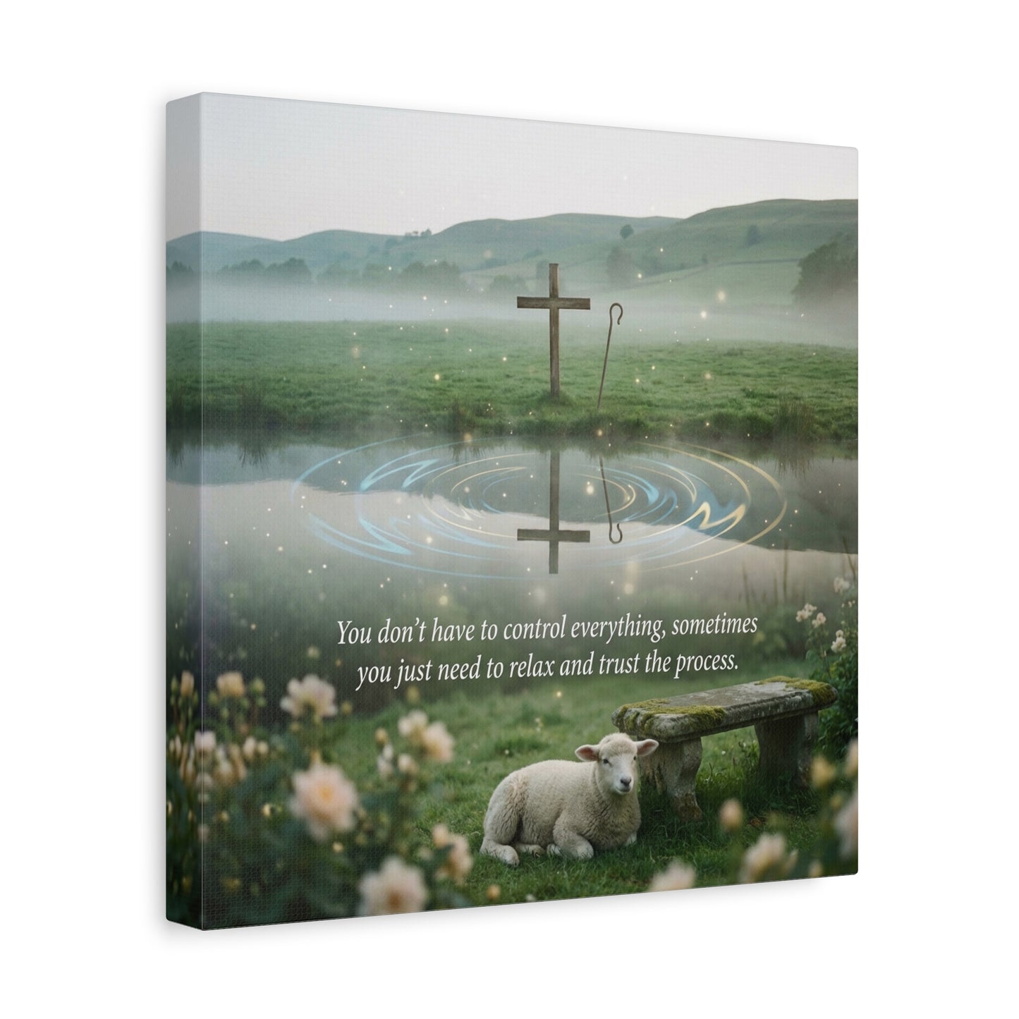 "You Don’t Have To Control Everything, Sometimes You Just Need To Relax And Trust The Process" Canvas Wall Art - Christian Cross, Lamb Meadow Scene - Inspirational Farmhouse Decor - Office Wall Art