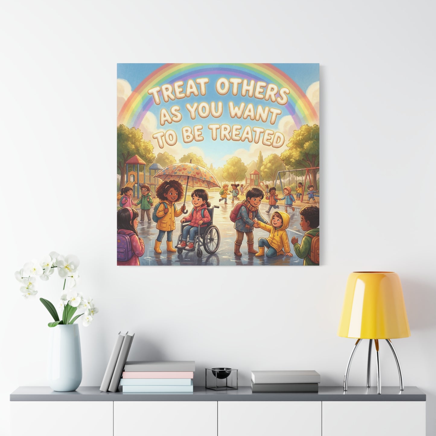 Kindness Quote Canvas Wall Art - Rainbow Playground Children Illustration Print - Inclusive Classroom Decor, Kids Room Wall Hanging, School Counselor Office Poster, Bohemian Nursery Accent