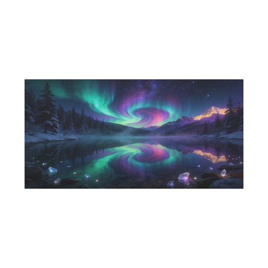 Aurora Borealis Mountain Lake Canvas Wall Art - Northern Lights Night Sky, Snowy Pine Forest Reflection - Dreamy Matte Canvas Print - Bedroom Wall Decor, Living Room Accent - Bedroom Home Decoration