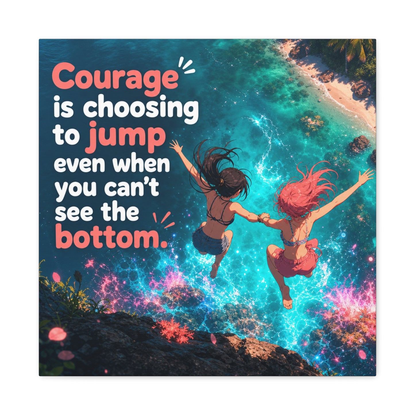 "Courage Is Choosing To Jump Even When You Can't See The Bottom" Canvas Wall Art - Coastal Quote Illustration, Inspirational Ocean Cliff Scene, Bedroom Wall Decor, Teen Space Accent - Ready to Hang