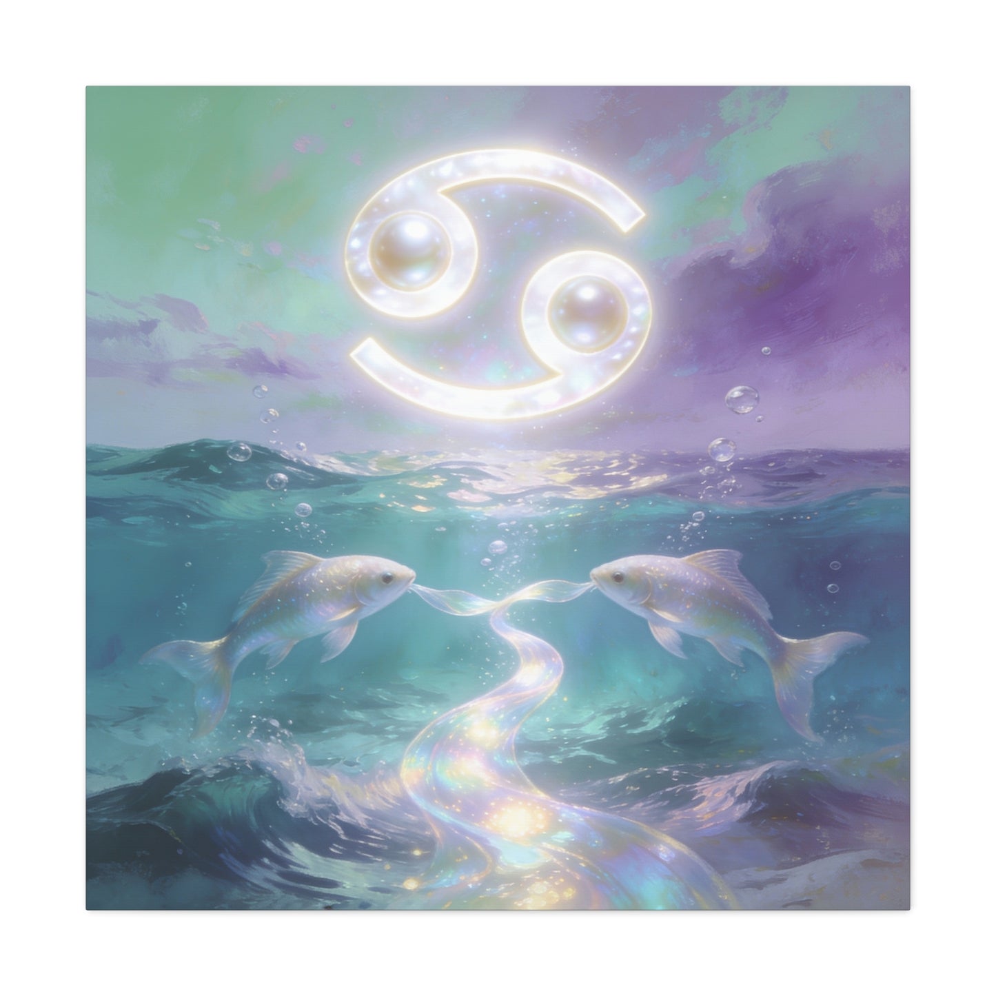 Cancer Zodiac Canvas Wall Art - Two Pearl Fish Ocean Illustration, Celestial Astrology Decor - Iridescent Matte Canvas Print - Mystical Coastal Style For Bedroom Living Room - Living Room Wall Decor