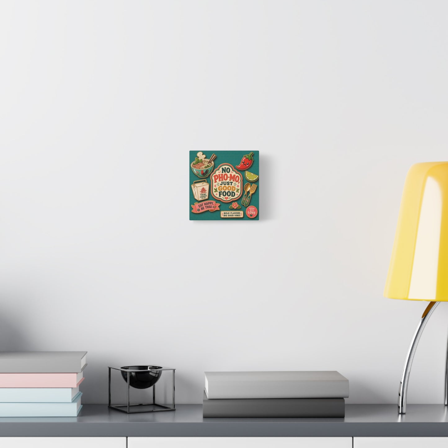 "No Pho-Mo Just Good Food" Canvas Wall Art - Thai Food Quote Kitchen Decor - Colorful Illustration Print, Retro Typography Style - Dining Room Accent, Cafe Wall Decor - Bedroom Home Decoration