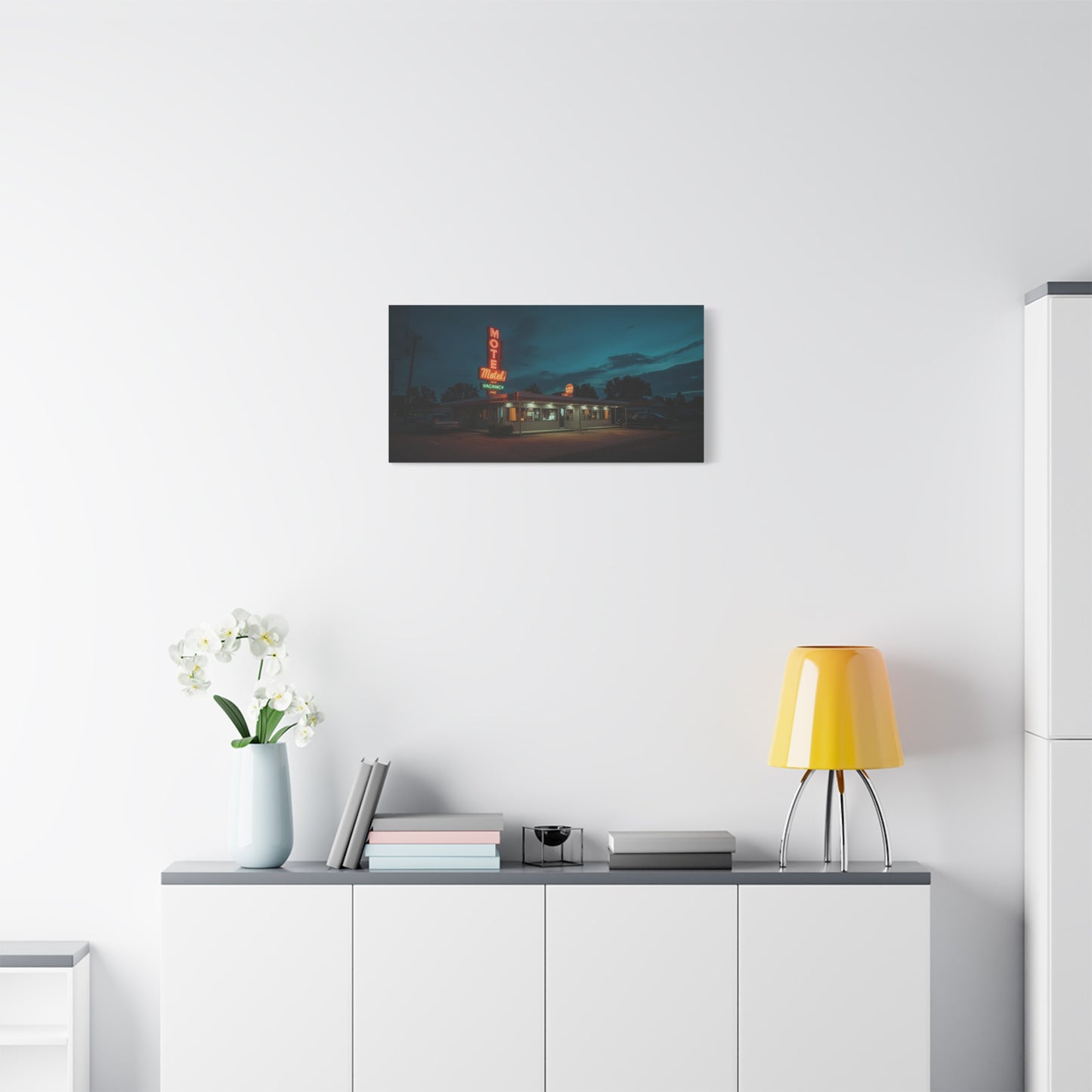 Neon Motel Canvas Wall Art - Vintage Roadside Motel Art Print, Blue Night Sky, Retro Americana Style - Living Room Wall Decor, Home Decoration, Office Art Accent - Bedroom Home Decoration