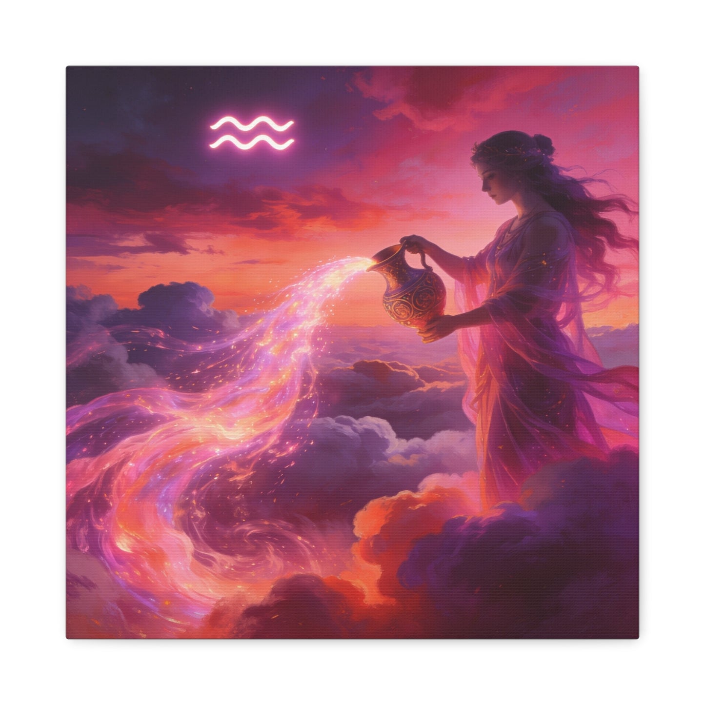 Aquarius Goddess Canvas Wall Art - Zodiac Woman Pouring Celestial Water, Fantasy Sky Illustration - Pink Purple Matte Canvas Print - Bedroom Wall Decor, Bohemian Home Accent - Bedroom Home Decoration