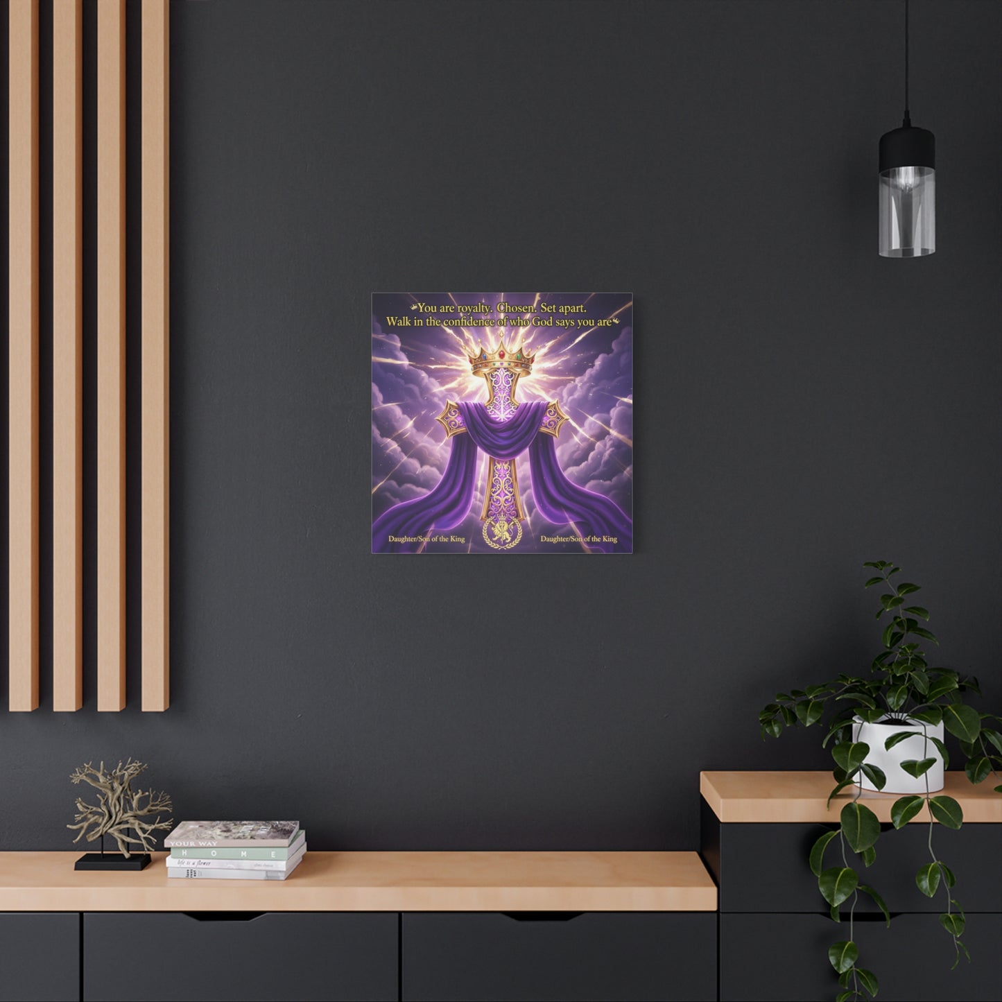 "You Are Royalty. Chosen. Set Apart." Christian Canvas Wall Art - Crowned Cross With Purple Draped Cloth, Daughter Son Of The King Quote - Religious Wall Decor For Bedroom, Office - Ready to Hang