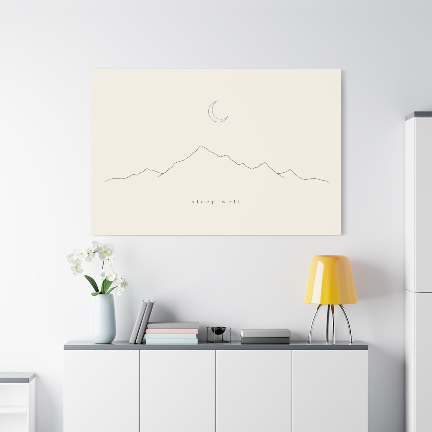 "Sleep Well" Minimalist Mountain Canvas Wall Art - Crescent Moon Line Drawing, Neutral Beige Canvas Print - Modern Bedroom Wall Decor, Nursery Home Decoration, Meditation Space - Ready to Hang