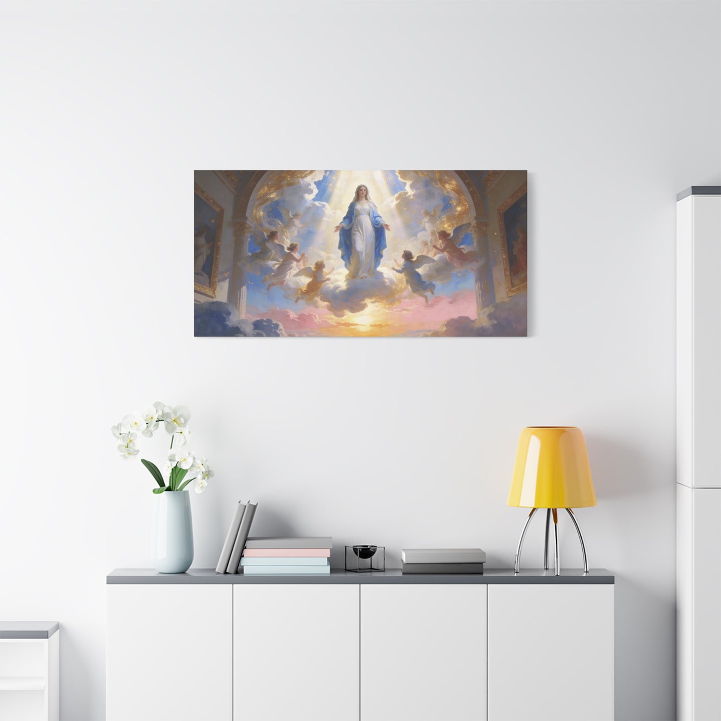 Virgin Mary Canvas Wall Art - Heavenly Religious Painting With Angels, Blue And Gold Clouds - Matte Cotton Canvas Print - Traditional Sacred Style For Bedroom Living Room Decor - Office Wall Art