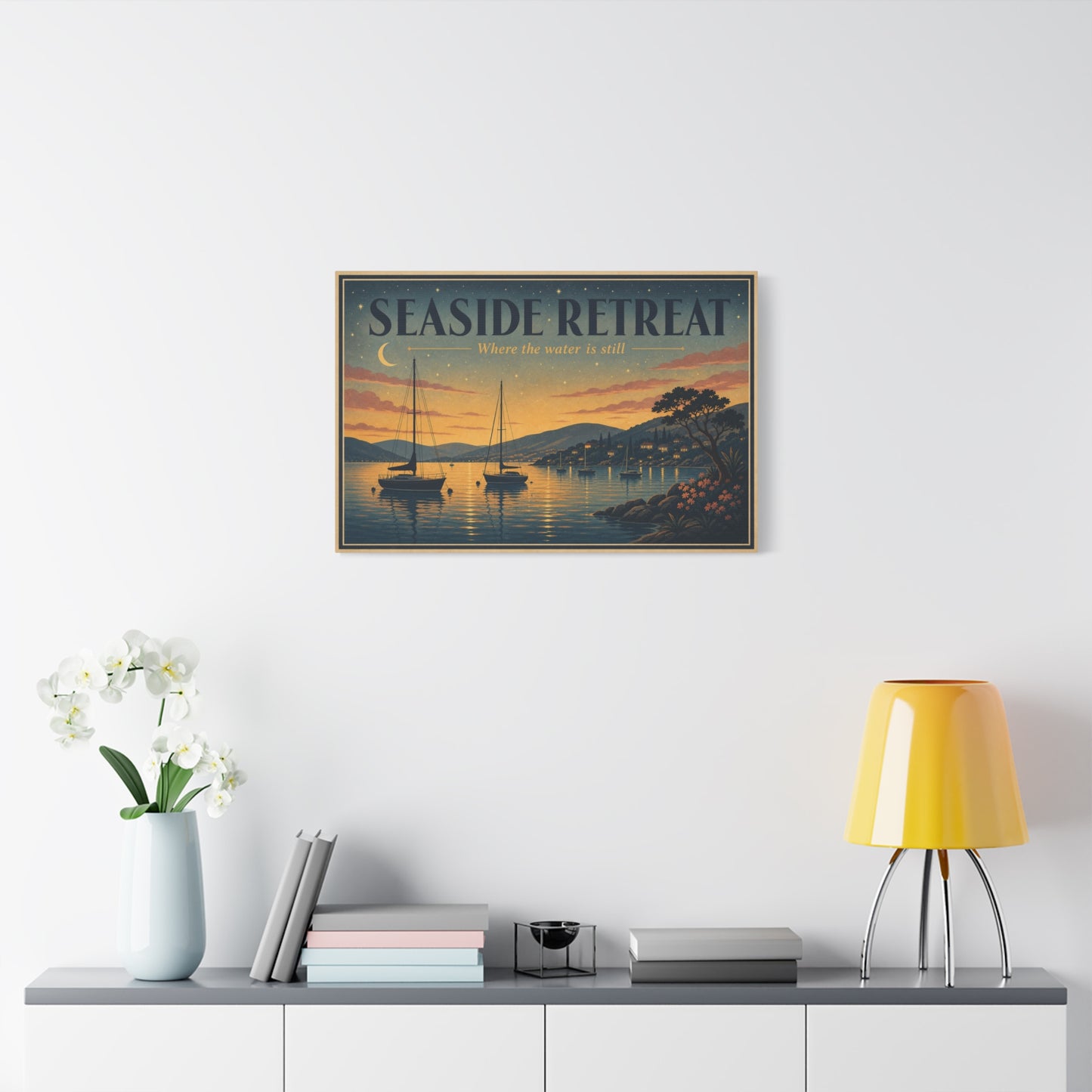 "Seaside Retreat Where The Water Is Still" Coastal Canvas Wall Art - Vintage Sailboat Harbor Sunset Print, Nautical Seascape Decor - Living Room Bedroom Wall Decor - Ready to Hang - Ready to Hang