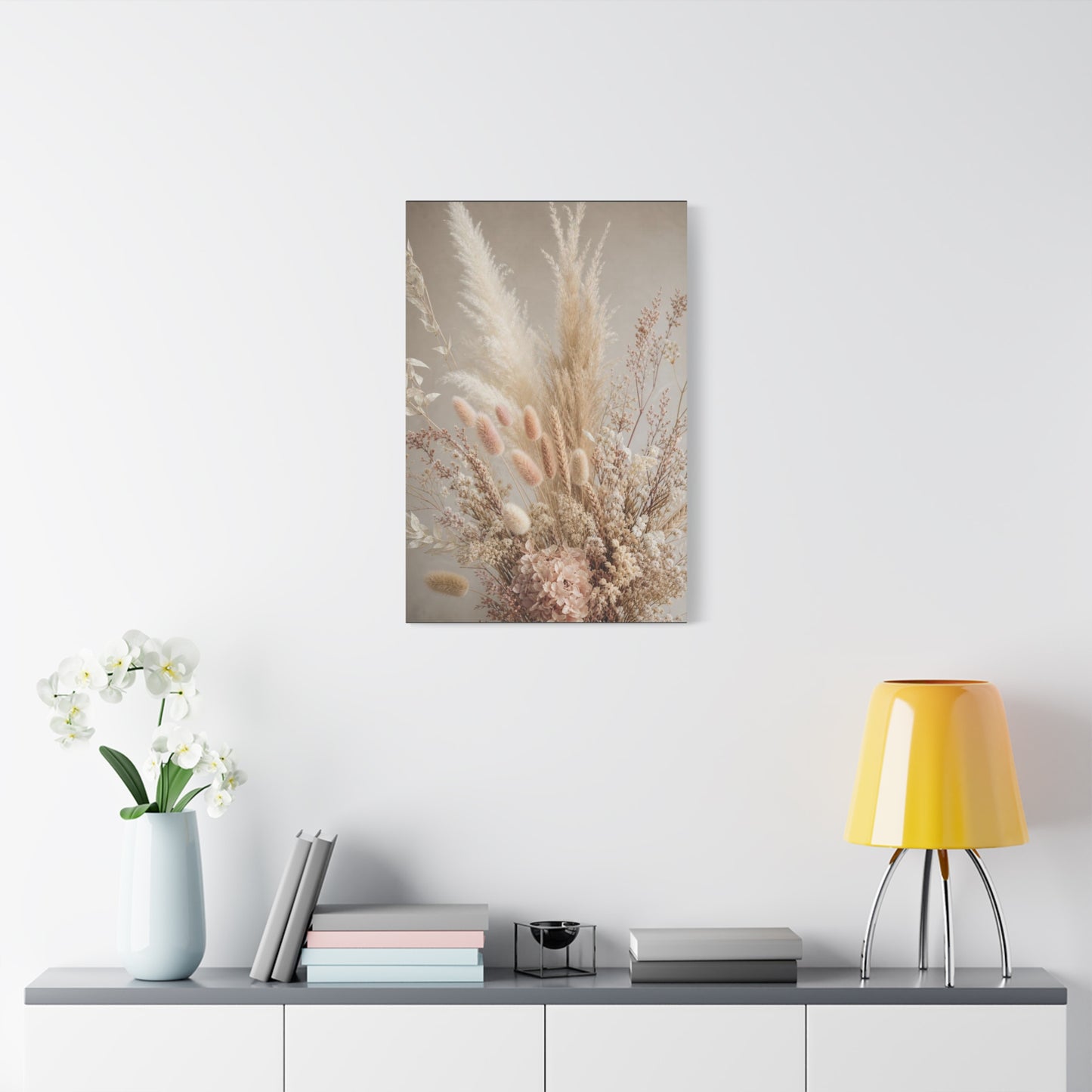 Dried Pampas Grass Floral Canvas Wall Art - Neutral Botanical Bouquet, Blush Bunny Tail Stems, Cotton Canvas Print - Bohemian Farmhouse Style - Bedroom Wall Decor, Spa Accent - Bedroom Home Decoration
