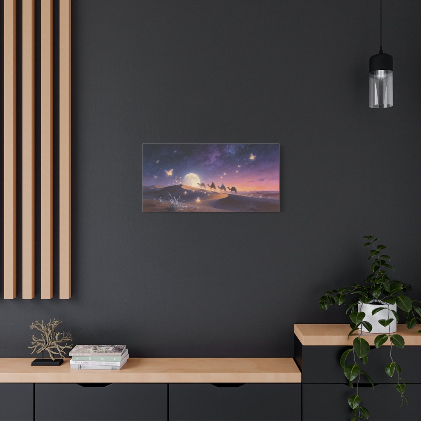 Moonlit Desert Camel Caravan Canvas Wall Art - Starry Night Butterflies, Dreamy Landscape Print - Ethereal Contemporary Style - Living Room Wall Decor, Bedroom Home Decoration - Modern Farmhouse Style
