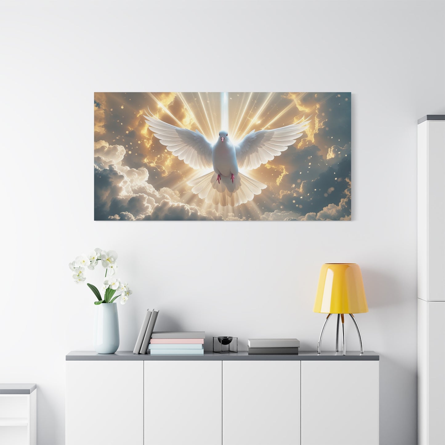 White Dove Canvas Wall Art - Holy Spirit Bird In Glowing Clouds, Radiant Sky Canvas Print - Golden Light Religious Decor - Living Room Home Decoration, Meditation Space Accent - Living Room Wall Decor
