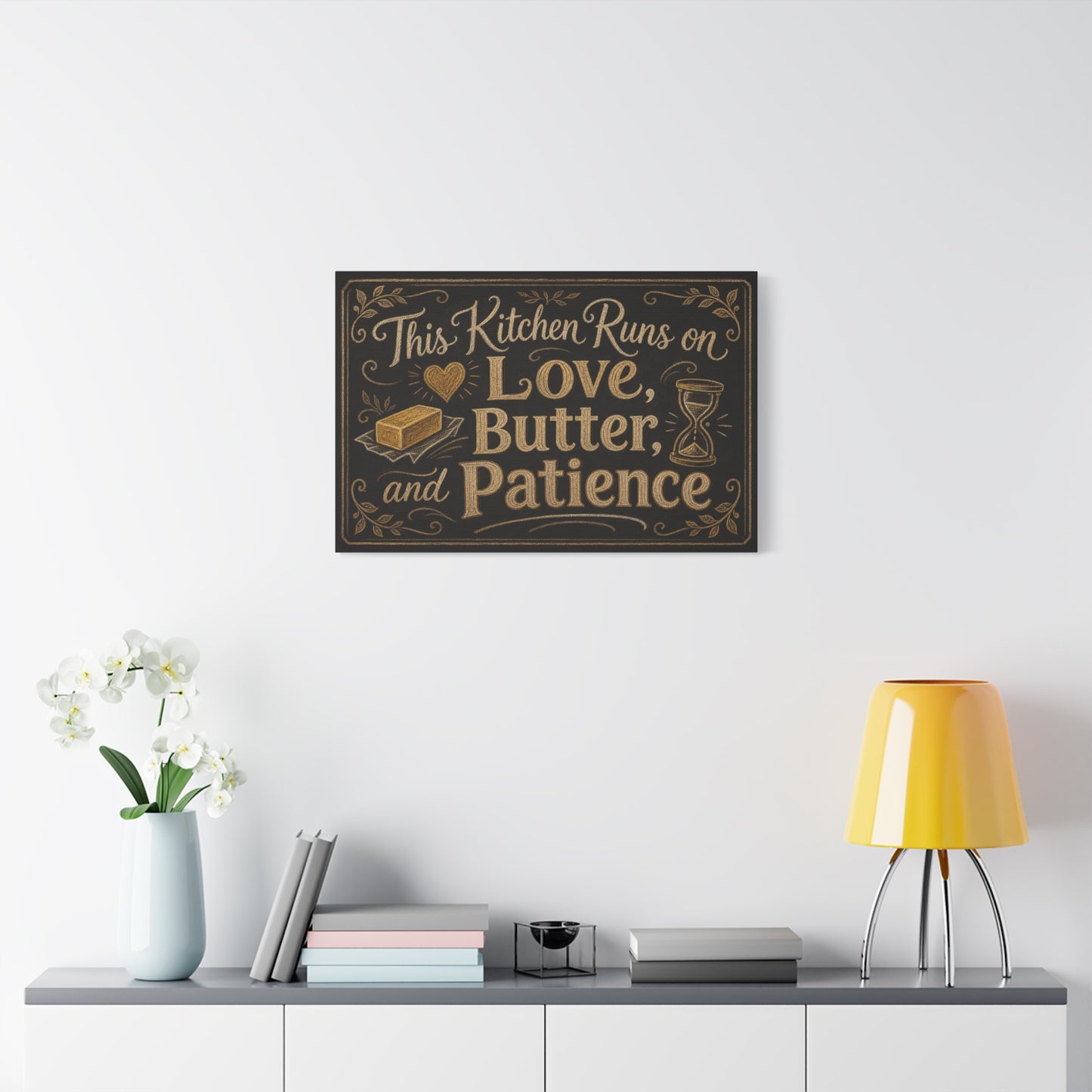 "This Kitchen Runs On Love, Butter, And Patience" Canvas Wall Art - Rustic Typography Kitchen Decor - Chalkboard Style Cotton Print - Ready to Hang