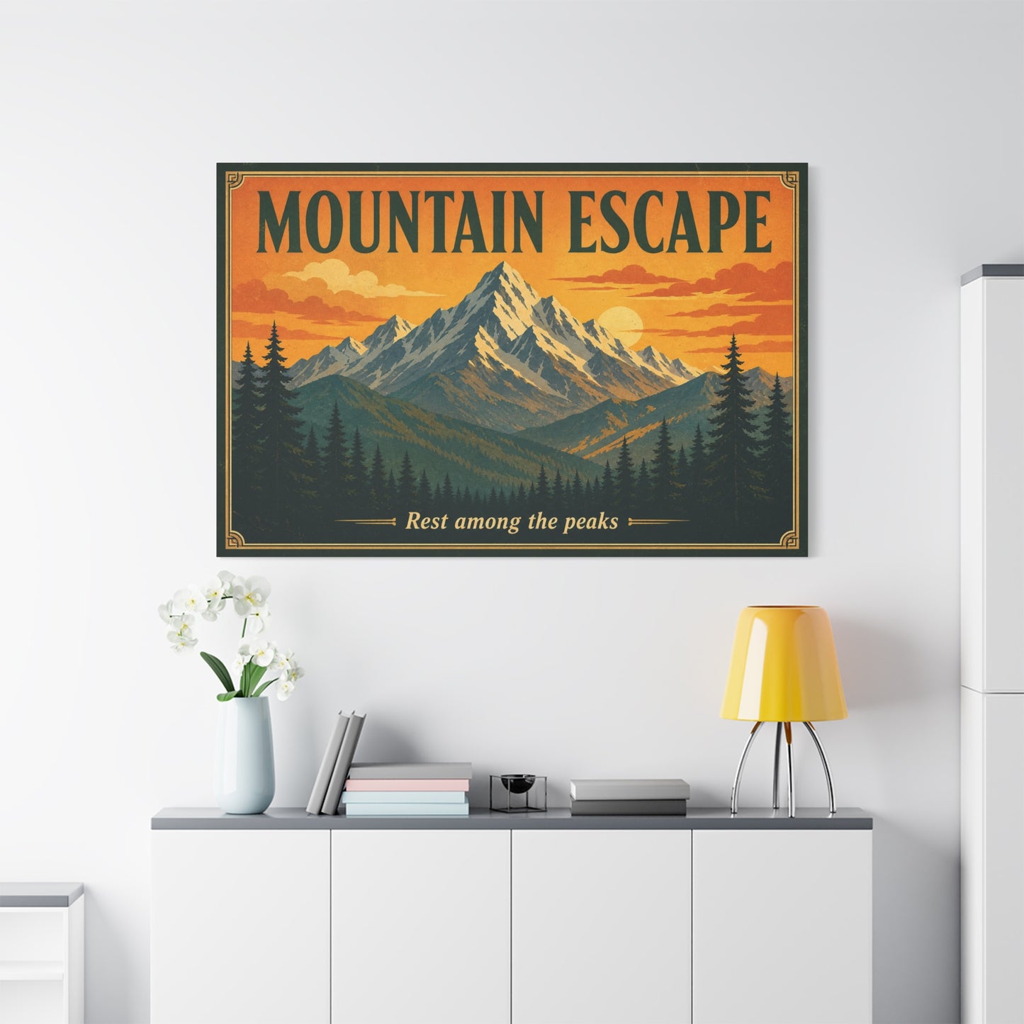 "Mountain Escape" Canvas Wall Art - Vintage Mountain Landscape Print, Sunset Pine Forest Poster Style - "Rest Among The Peaks" - Rustic Cabin Wall Decor, Living Room Home Accent - Ready to Hang
