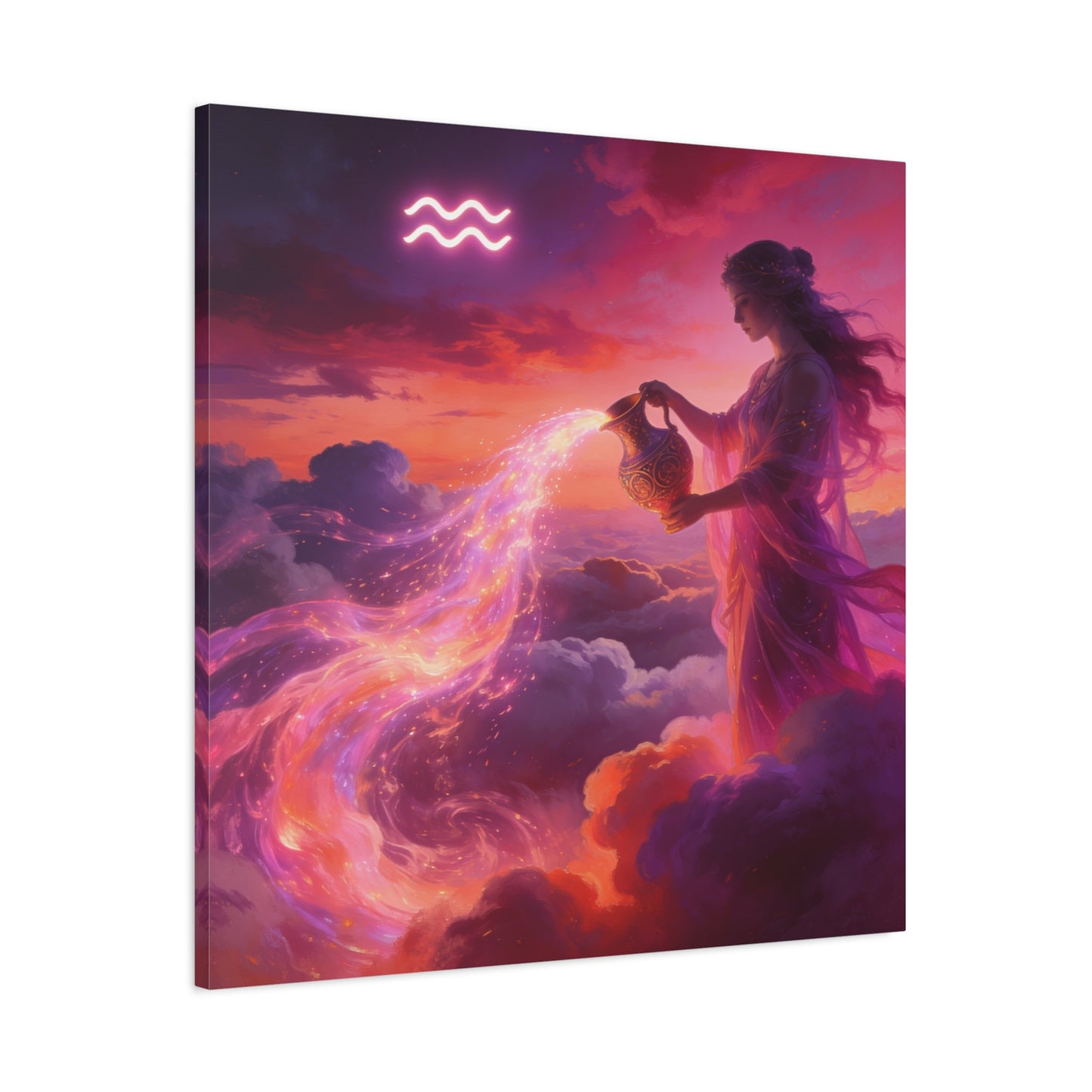 Aquarius Goddess Canvas Wall Art - Zodiac Woman Pouring Celestial Water, Fantasy Sky Illustration - Pink Purple Matte Canvas Print - Bedroom Wall Decor, Bohemian Home Accent - Bedroom Home Decoration