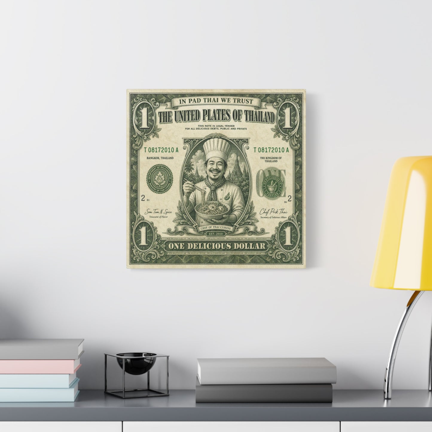 "In Pad Thai We Trust" Typography Canvas Wall Art - Vintage Thai Currency Illustration, Chef Portrait, Bangkok Thailand Food Poster Style - Kitchen Wall Decor, Dining Room Accent - Ready to Hang