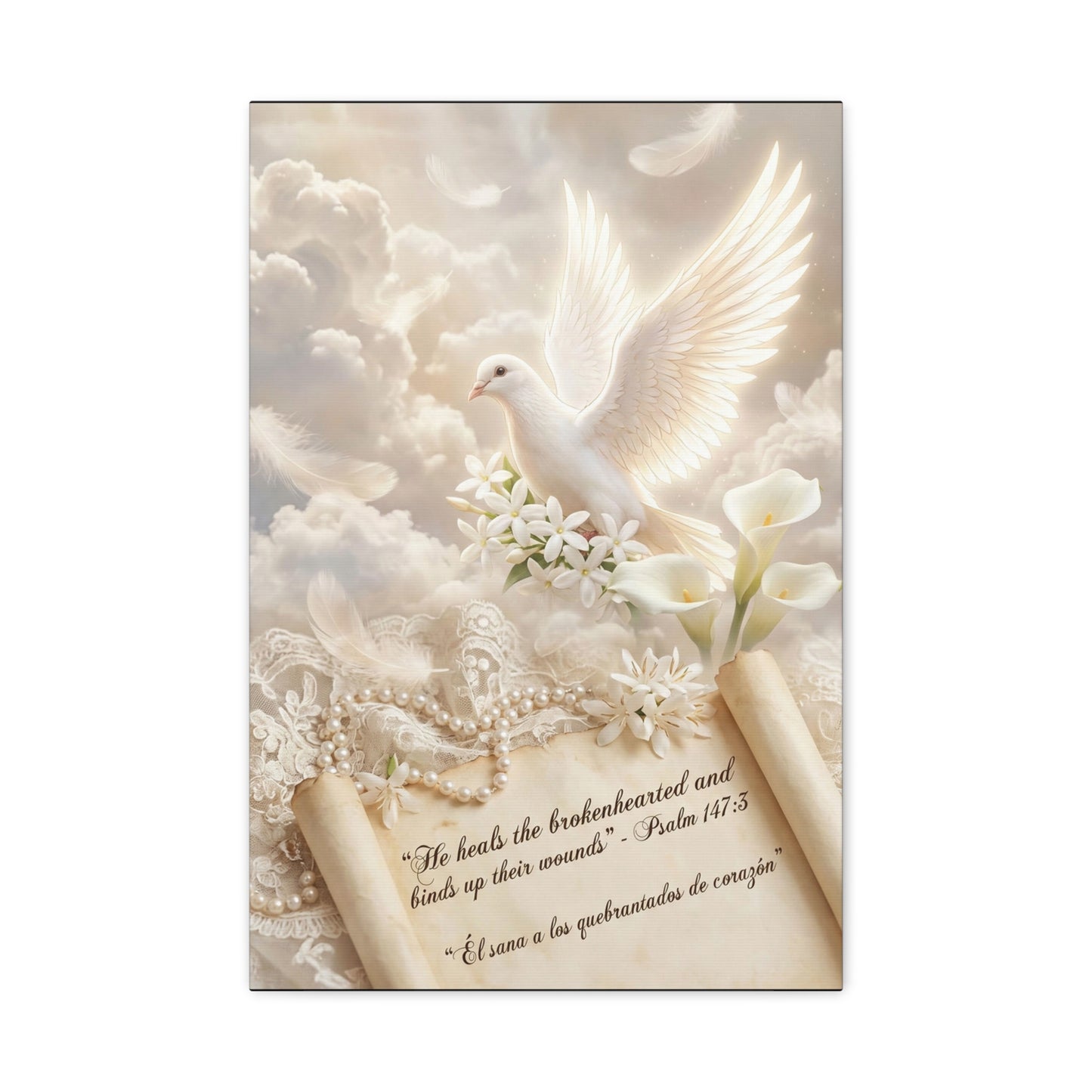 "He Heals The Brokenhearted And Binds Up Their Wounds" Dove Canvas Wall Art - Psalm 147:3 Scripture, White Lily Floral Design - Traditional Religious Decor For Bedroom - Office Wall Art
