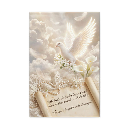 "He Heals The Brokenhearted And Binds Up Their Wounds" Dove Canvas Wall Art - Psalm 147:3 Scripture, White Lily Floral Design - Traditional Religious Decor For Bedroom - Office Wall Art
