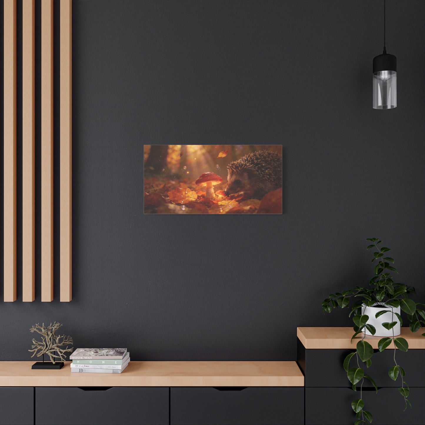 Hedgehog Mushroom Canvas Wall Art - Autumn Forest Wildlife Canvas Print, Glowing Red Toadstool, Warm Golden Light, Whimsical Nature Decor, Living Room Wall Decor, Bedroom Accent - Ready to Hang
