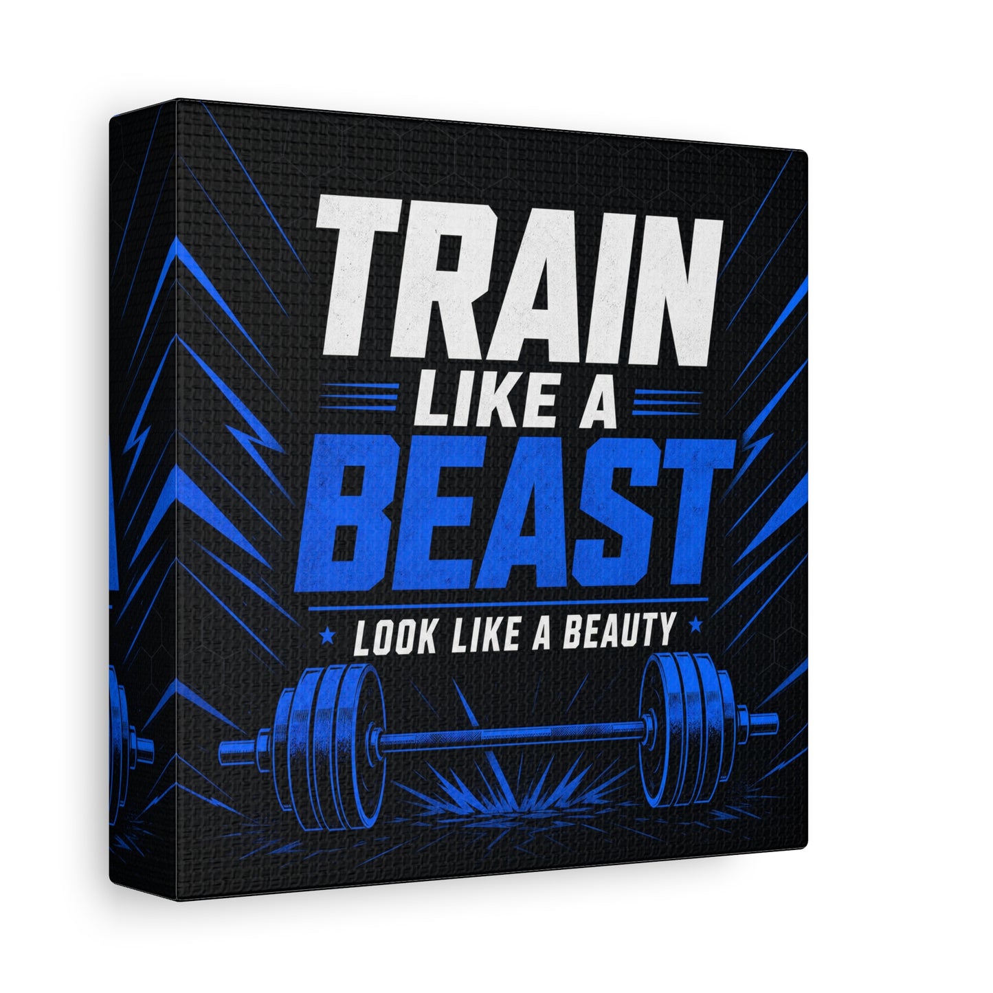 "Train Like A Beast Look Like A Beauty" Gym Canvas Wall Art - Blue Black Barbell Typography Motivational Fitness Decor - Modern Sports Quote Print - Ready to Hang - Living Room Wall Decor