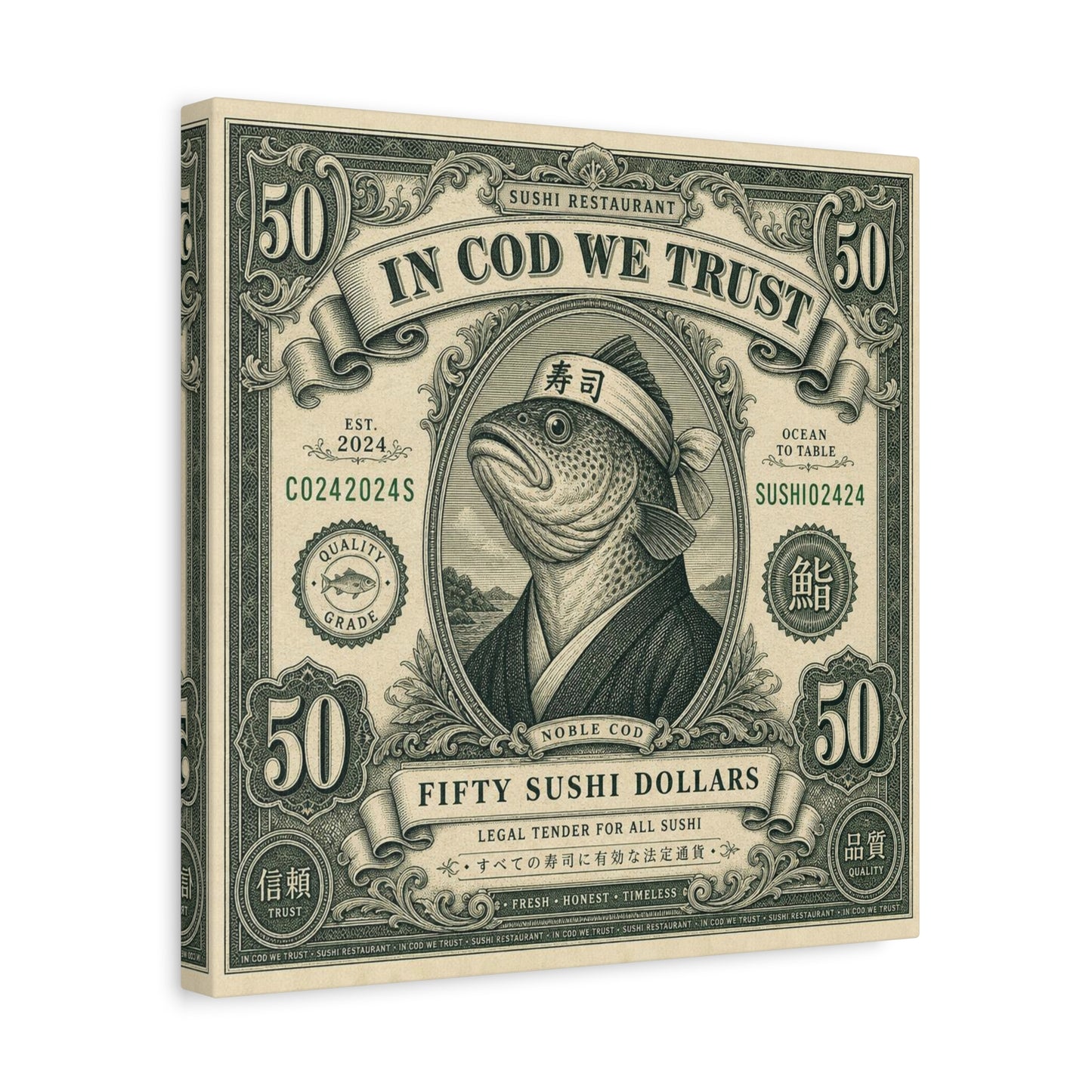 "In Cod We Trust" Sushi Restaurant Canvas Wall Art - Vintage Money Bill Fish Illustration, Typography Poster Style, Cotton Canvas Print, Cafe Decor, Dining Room Accent, Office Art - Ready to Hang