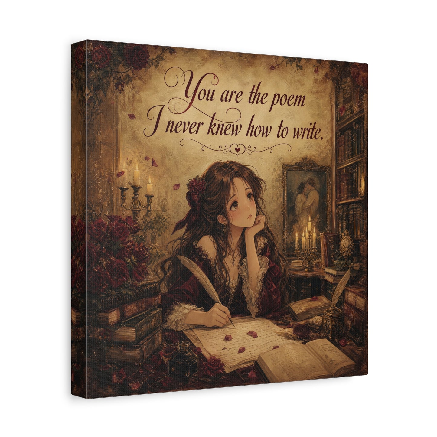 "You Are The Poem I Never Knew How To Write" Quote Canvas Wall Art - Romantic Gothic Library Girl Illustration - Vintage Brown Decor - Bedroom Wall Hanging, Teenager Room Decor - Ready to Hang