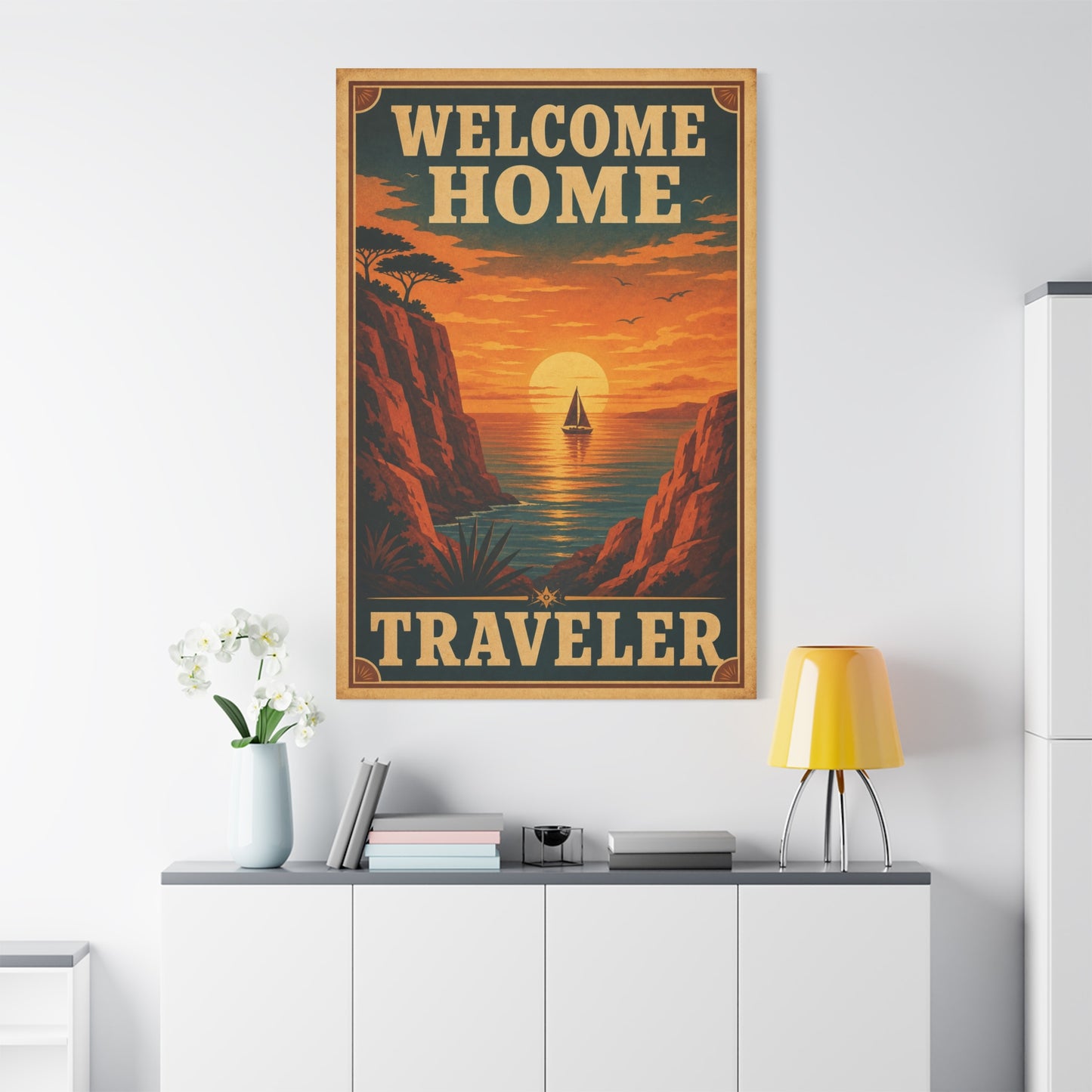 "Welcome Home Traveler" Vintage Coastal Canvas Wall Art - Sunset Sailboat Seascape Print - Retro Travel Poster Style - Living Room Wall Decor, Hallway Home Decoration - Modern Farmhouse Style
