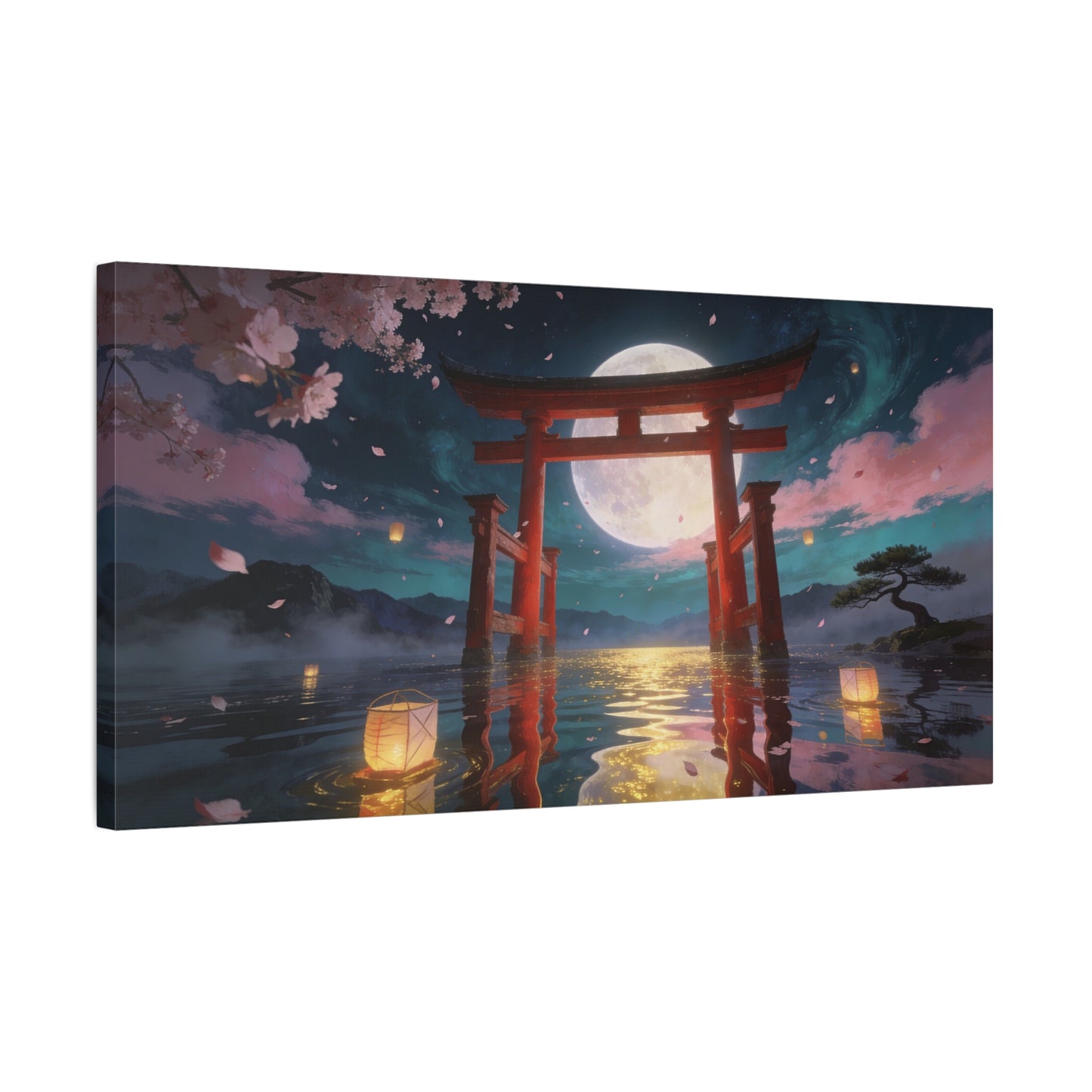 Japanese Torii Gate Canvas Wall Art - Moonlit Lake, Cherry Blossom Petals - Contemporary Fantasy Landscape - Living Room Wall Decor, Bedroom Home Decoration, Meditation Space - Bedroom Home Decoration