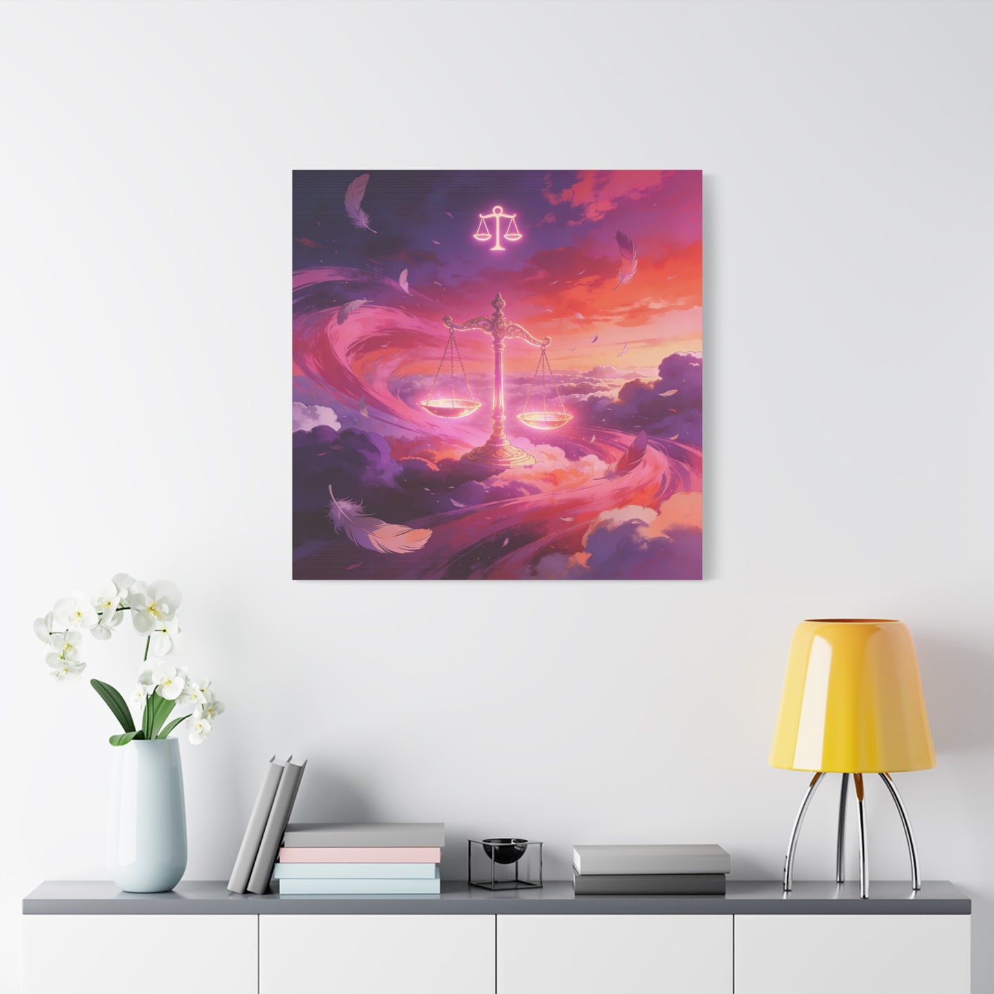 Libra Scales Canvas Wall Art - Zodiac Sky Illustration, Glowing Balance Symbol - Matte Cotton Art Print, Contemporary Celestial Style - Bedroom Home Decoration, Office Wall Decor - Ready to Hang