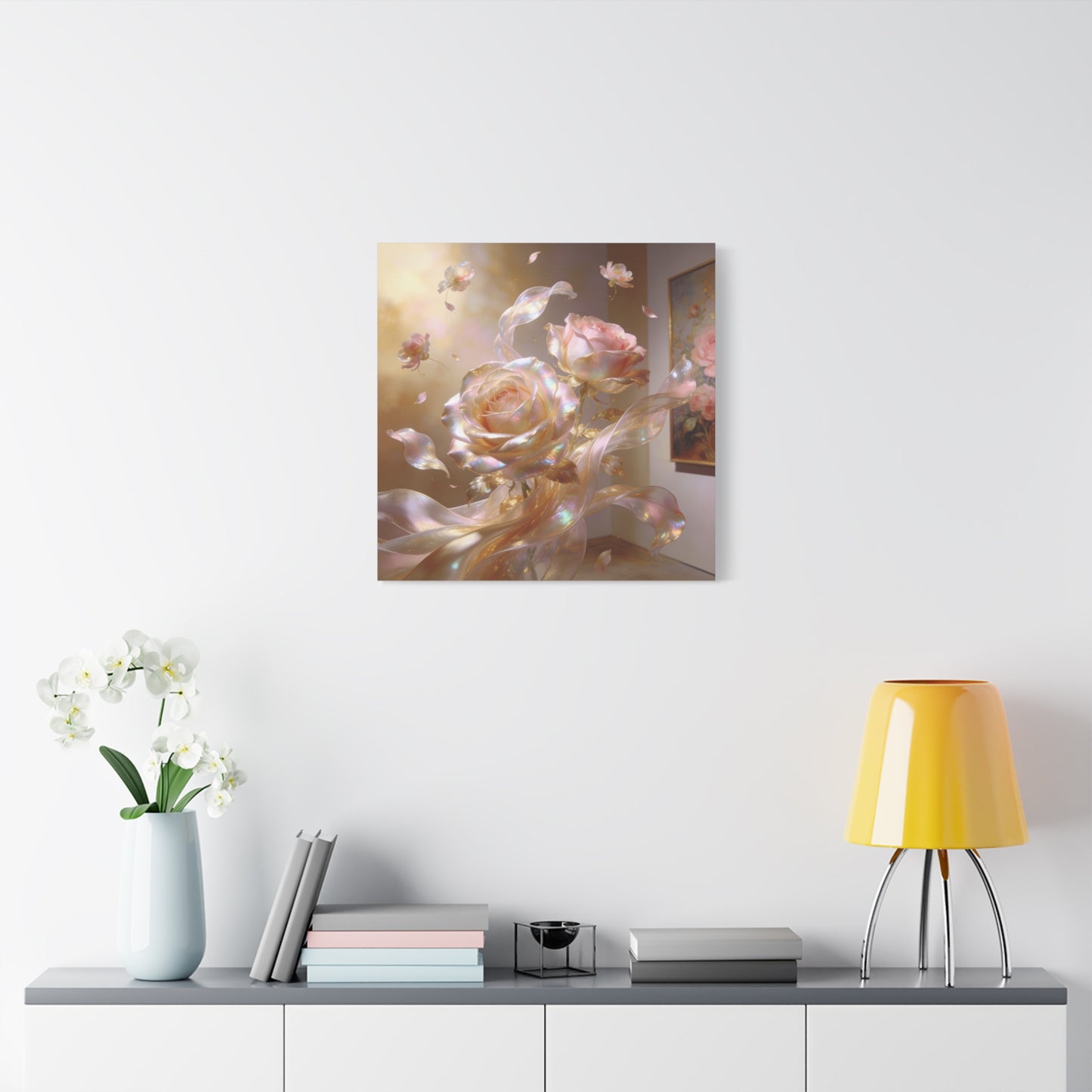 Iridescent Pink Rose Canvas Wall Art - Pearlescent Floral Wall Decor, Dreamy Botanical Home Decoration - Luminous Matte Canvas Print - Romantic Contemporary Style, Bedroom Accent - Ready to Hang