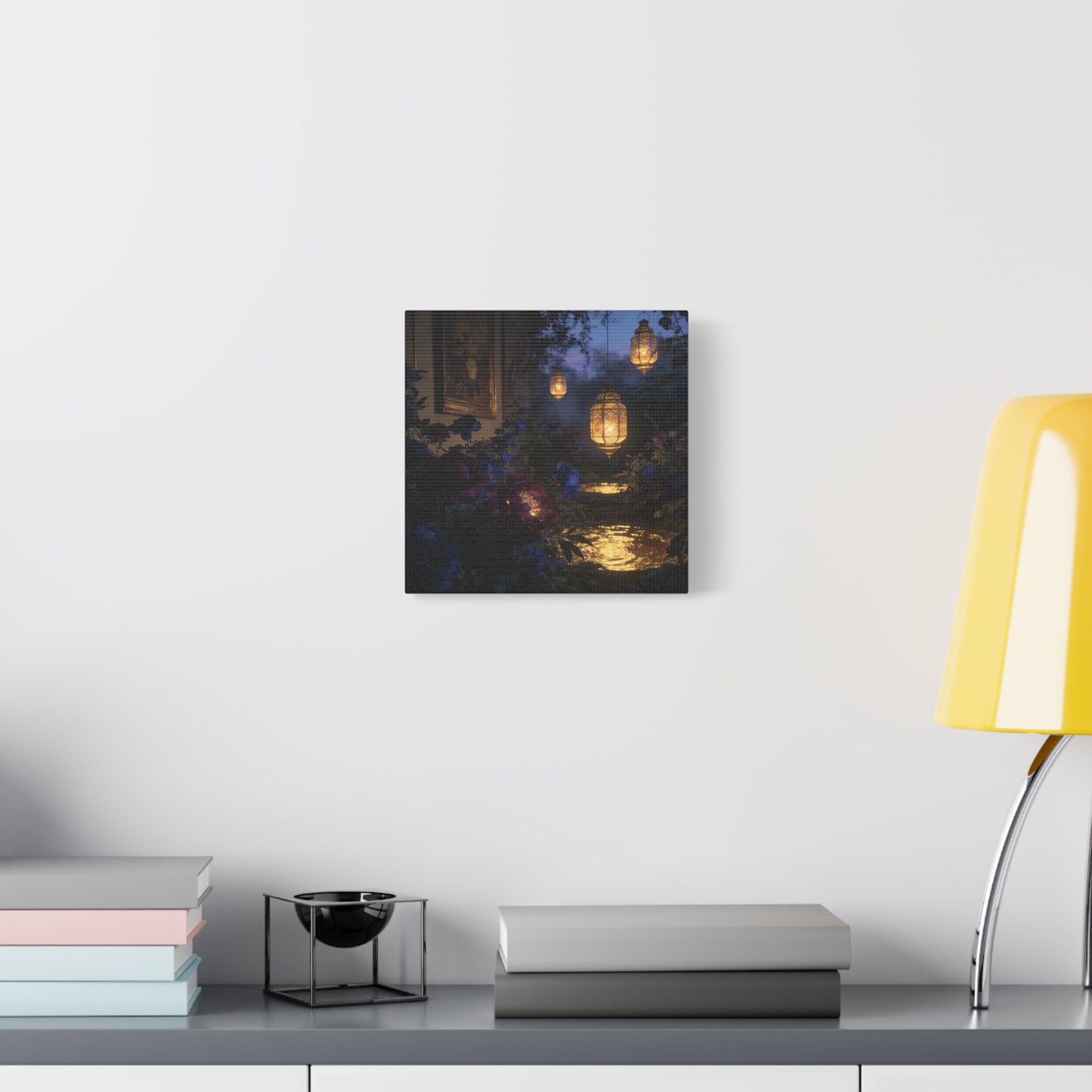 Lantern Garden Canvas Wall Art - Twilight Floral Courtyard, Glowing Water Reflections - Moody Botanical Night Scene, Matte Canvas Print - Bedroom Wall Decor, Living Room Accent - Cozy Reading Nook Art