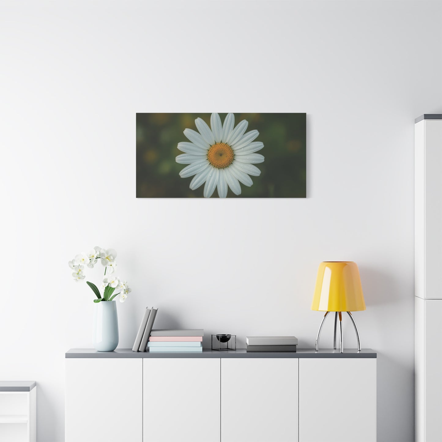 White Daisy Canvas Wall Art - Botanical Flower Close Up Art Print, Soft Green Background - Matte Cotton Art Print, Minimalist Floral Style - Bedroom Wall Decor Office Accent - Modern Farmhouse Style