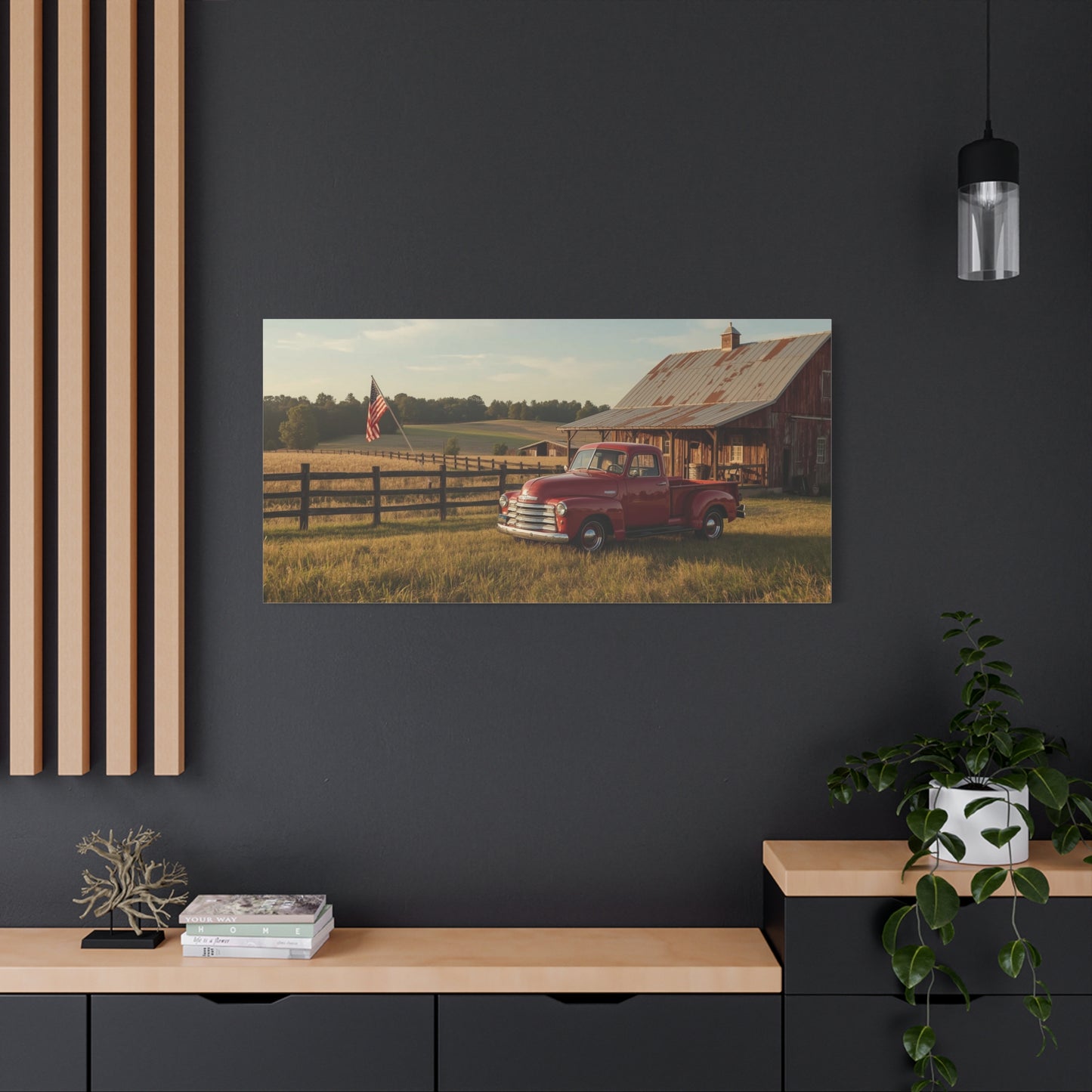 Red Vintage Pickup Truck Canvas Wall Art - Rustic Barn, American Flag Farm Landscape - Country Art Print, Traditional Style - Living Room Wall Decor, Office Art Accent - Modern Farmhouse Style