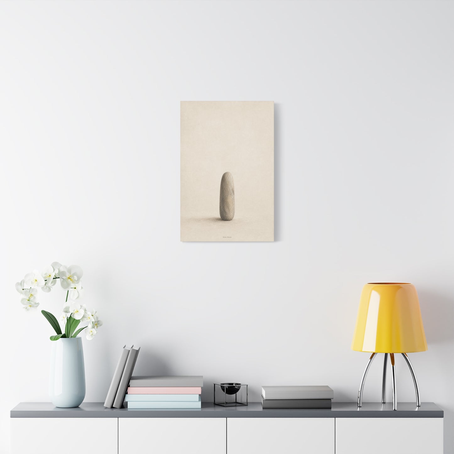 "Slow Down" Minimalist Stone Canvas Wall Art - Neutral Zen Still Life Decor - Contemporary Beige Meditation Print - Bedroom Living Room Decoration - Living Room Wall Decor - Bedroom Home Decoration