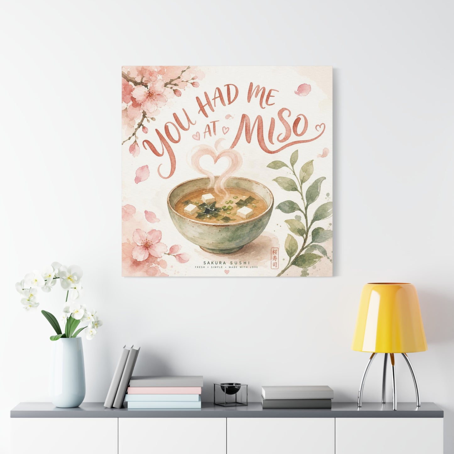 "You Had Me At Miso" Canvas Wall Art - Watercolor Soup Bowl, Cherry Blossom Typography - Japanese Food Illustration, Pink Botanical Style - Kitchen Wall Decor, Dining Room Accent - Ready to Hang