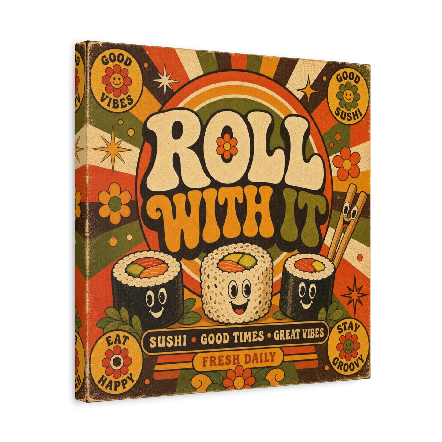 "Roll With It" Sushi Canvas Wall Art - Retro Typography Food Illustration, Groovy Orange Green Bohemian Print, Cafe Wall Decor, Kitchen Room Decoration, Vintage Poster Style - Bedroom Home Decoration