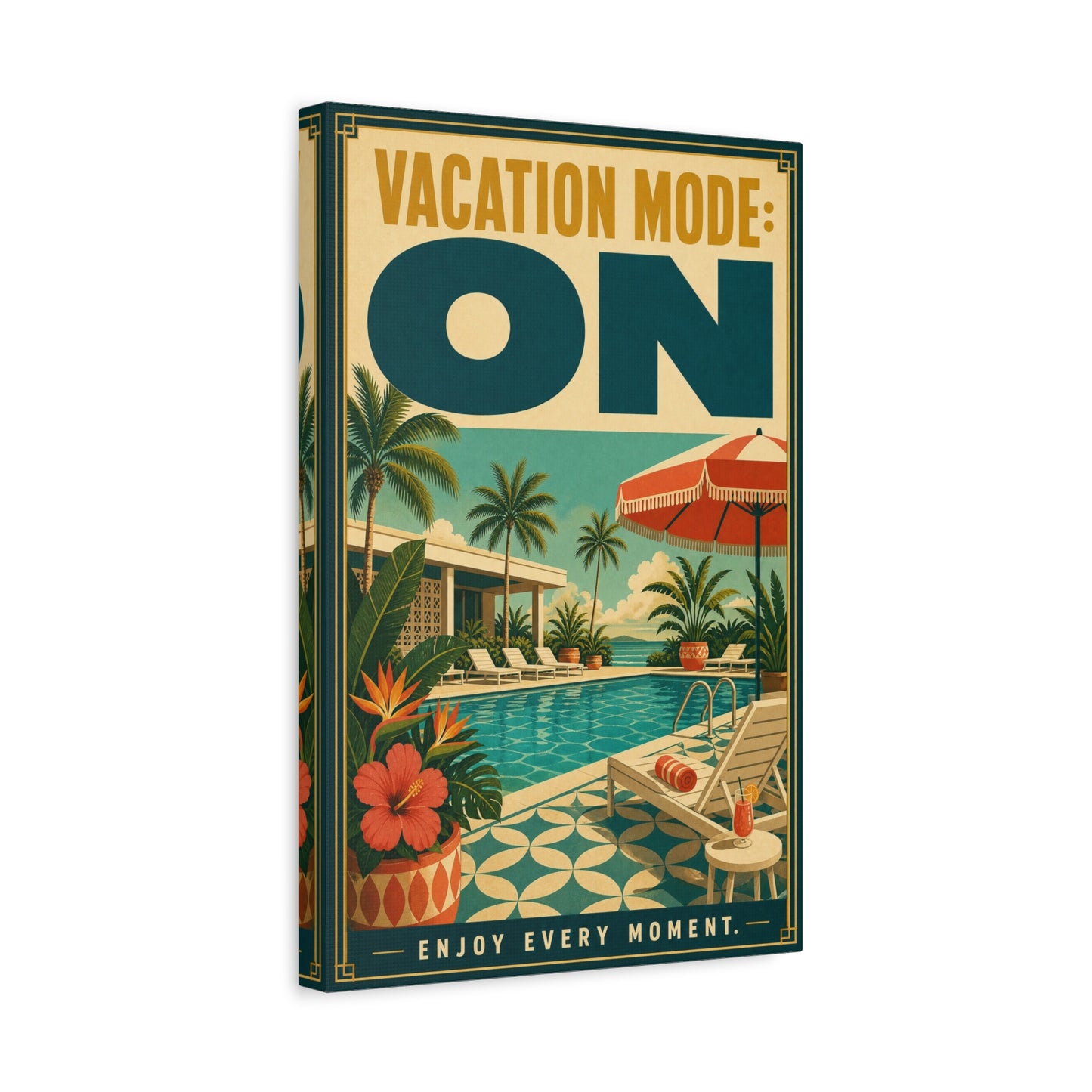 "Vacation Mode: On" Tropical Poolside Canvas Wall Art - Retro Resort Poster Print, Palm Tree Coastal Decor, Vintage Travel Style, Living Room Wall Decor, Vacation Rental Decoration - Ready to Hang