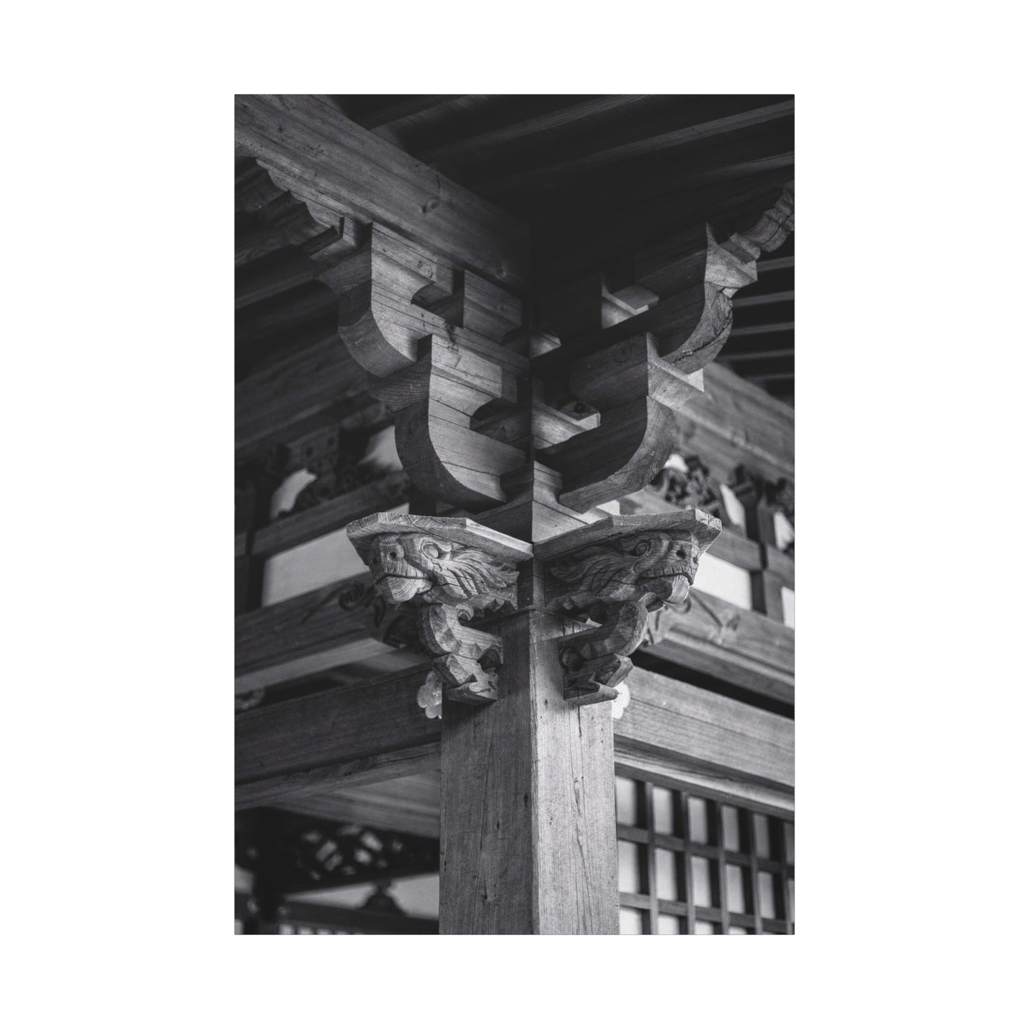 Japanese Temple Architecture Canvas Wall Art - Black And White Wooden Carved Bracket Art Print - Traditional Zen Style - Living Room Wall Decor, Bedroom Home Decoration - Bedroom Home Decoration