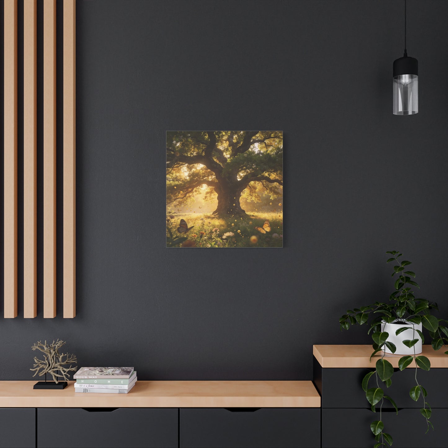 Sunlit Oak Tree Canvas Wall Art - Golden Meadow Butterflies, Nature Landscape Print - Matte Cotton Art Print, Traditional Style - Living Room Wall Decor, Bedroom Home Decoration - Ready to Hang