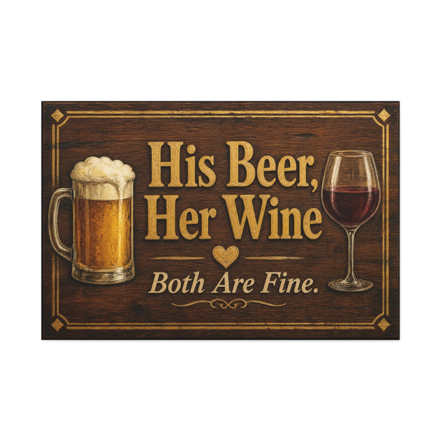 "His Beer, Her Wine Both Are Fine." Canvas Wall Art - Rustic Bar Sign, Beer Mug And Red Wine Glass Quote Print - Vintage Brown Wood Look Typography - Pub Wall Art - Cocktail Lounge Decor