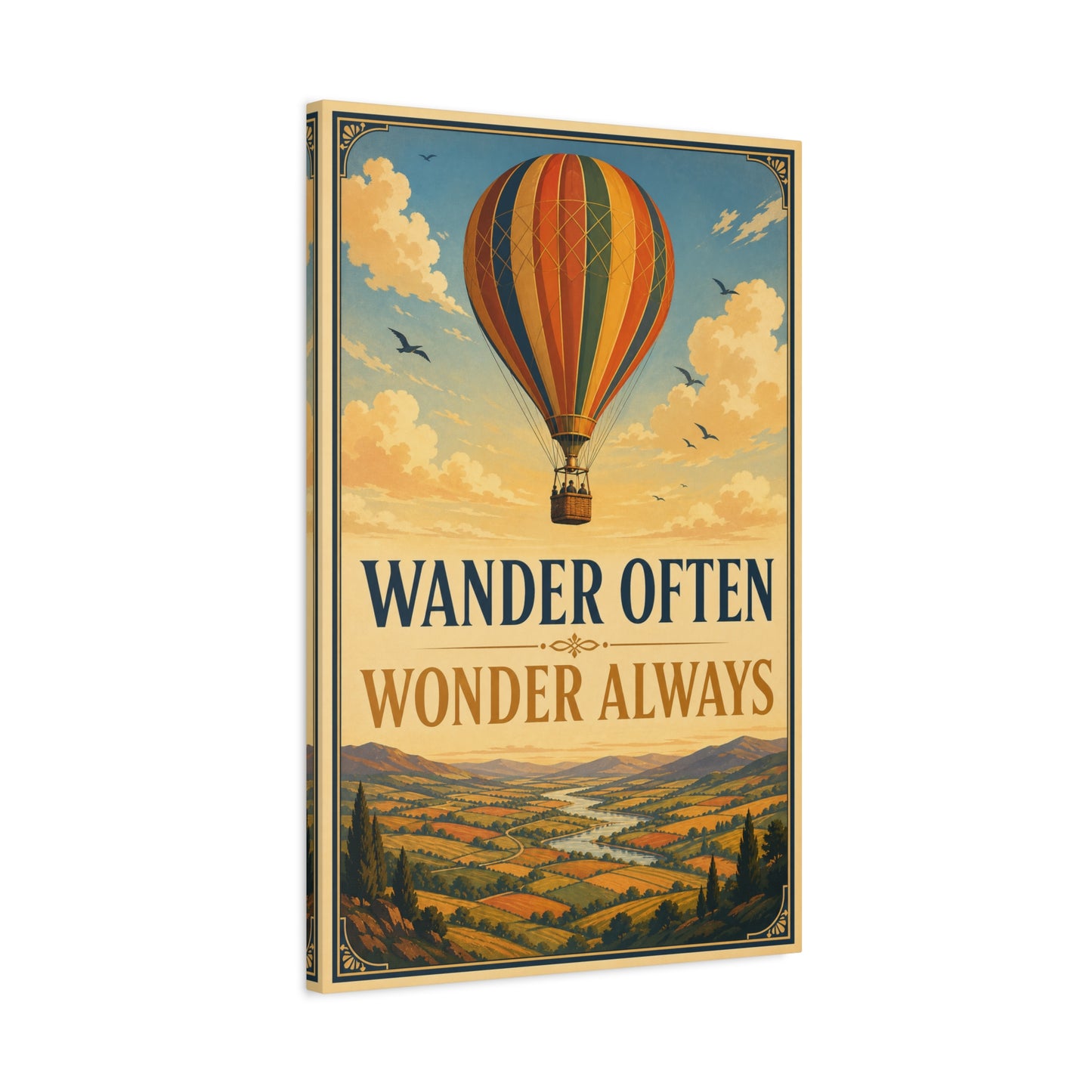 "Wander Often Wonder Always" Hot Air Balloon Canvas Wall Art - Vintage Travel Landscape Quote Print, Retro Sky Poster Style, Living Room Wall Decor - Ready to Hang - Bedroom Home Decoration