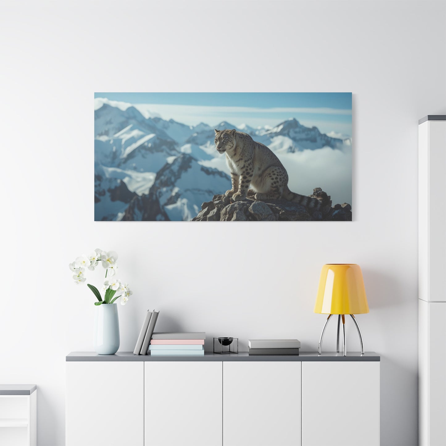 Snow Leopard Canvas Wall Art - Alpine Mountain Wildlife Print, Blue Snowy Peaks, Matte Cotton Canvas, Contemporary Nature Style - Living Room Wall Decor, Office Art Accent - Bedroom Home Decoration
