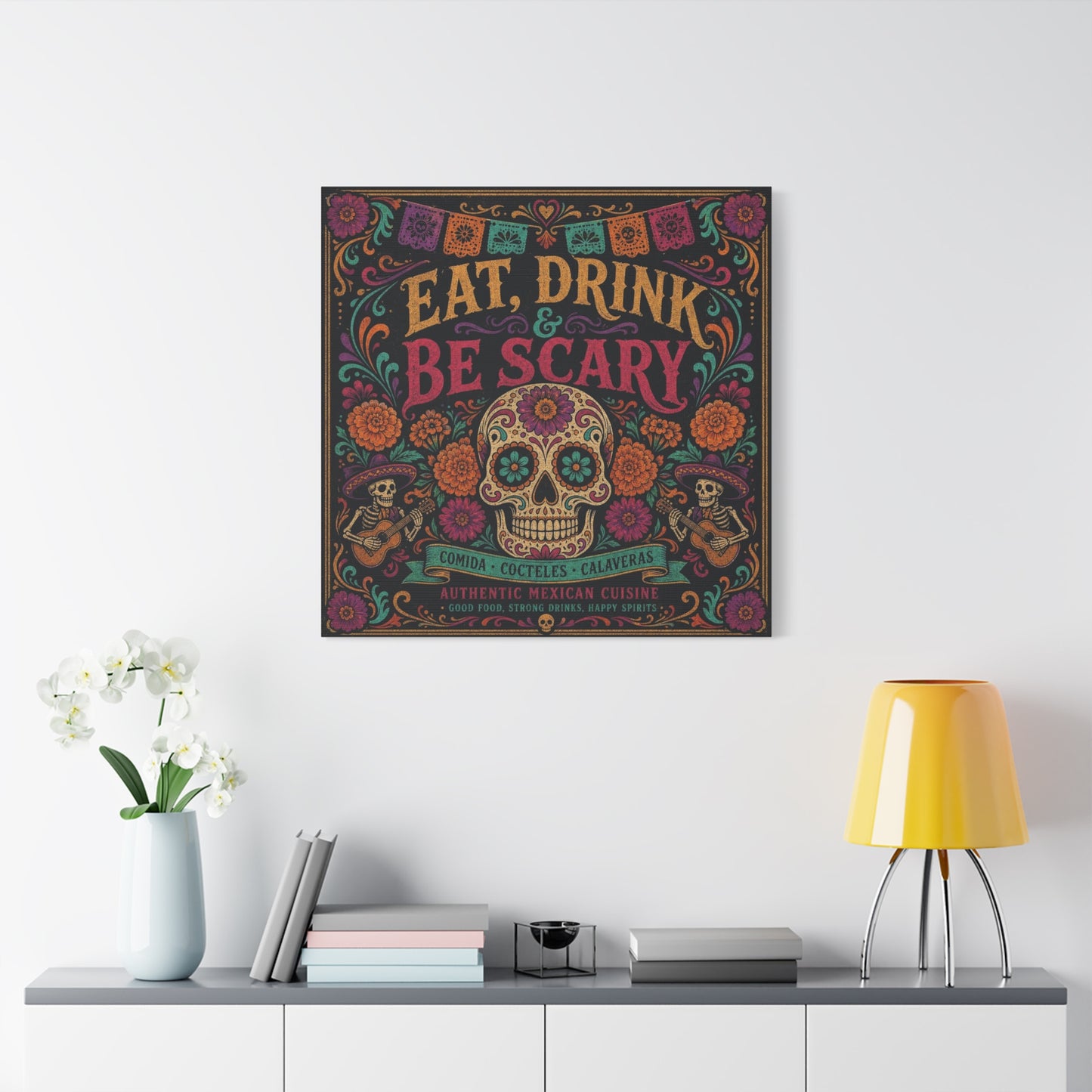 "Eat, Drink Be Scary" Typography Canvas Wall Art - Day Of The Dead Sugar Skull, Floral Folk Illustration - Colorful Mexican Restaurant Decor - Cafe Wall Decor, Bar Accent - Gallery Wrapped Canvas