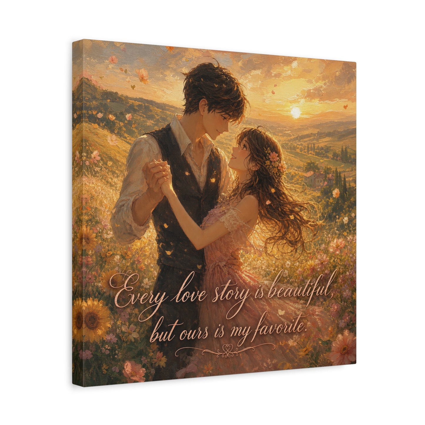 "Every Love Story Is Beautiful, But Ours Is My Favorite" Romantic Couple Canvas Wall Art - Golden Sunset Wildflower Field - Dreamy Rustic Style - Bedroom Wall Decor - Ready to Hang - Ready to Hang
